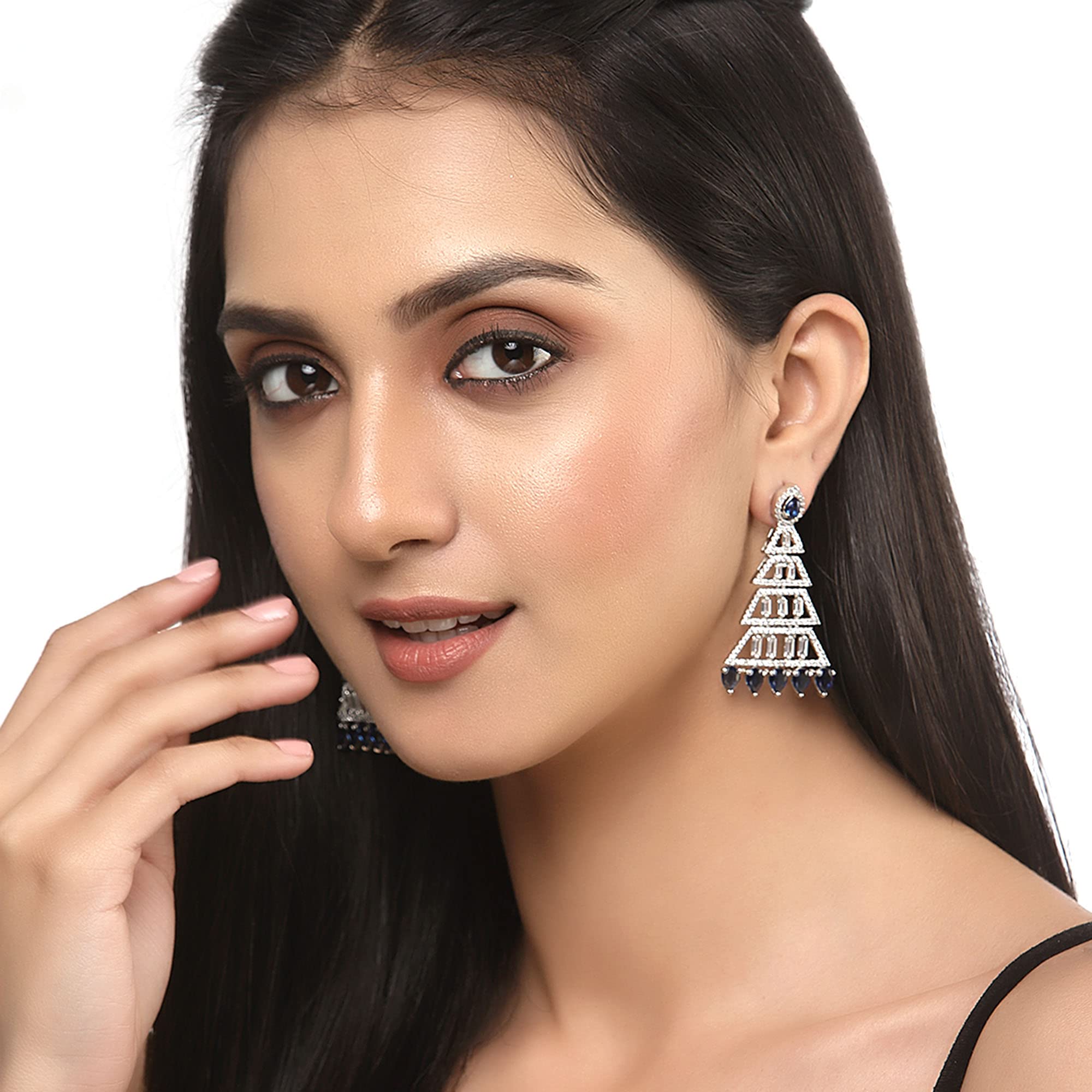 Rhodium-Plated American Diamond Triangular Drop Earrings