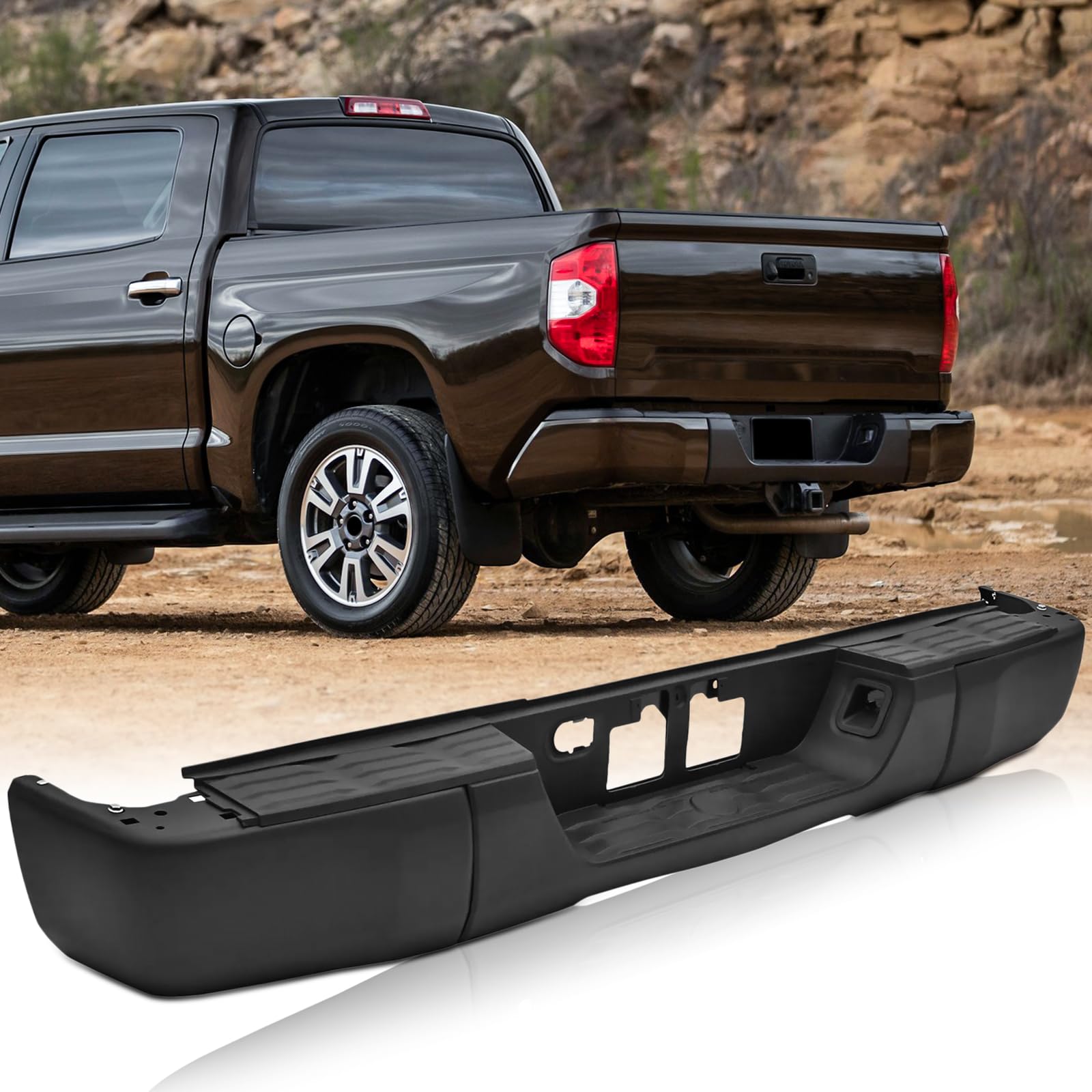 Steel Black Rear Step Bumper Compatible with 2014 2015 2016 2017 2018 2019 2020 2021 Toyota Tundra, No Park Holes Back Bumper Replacement for TO1103121