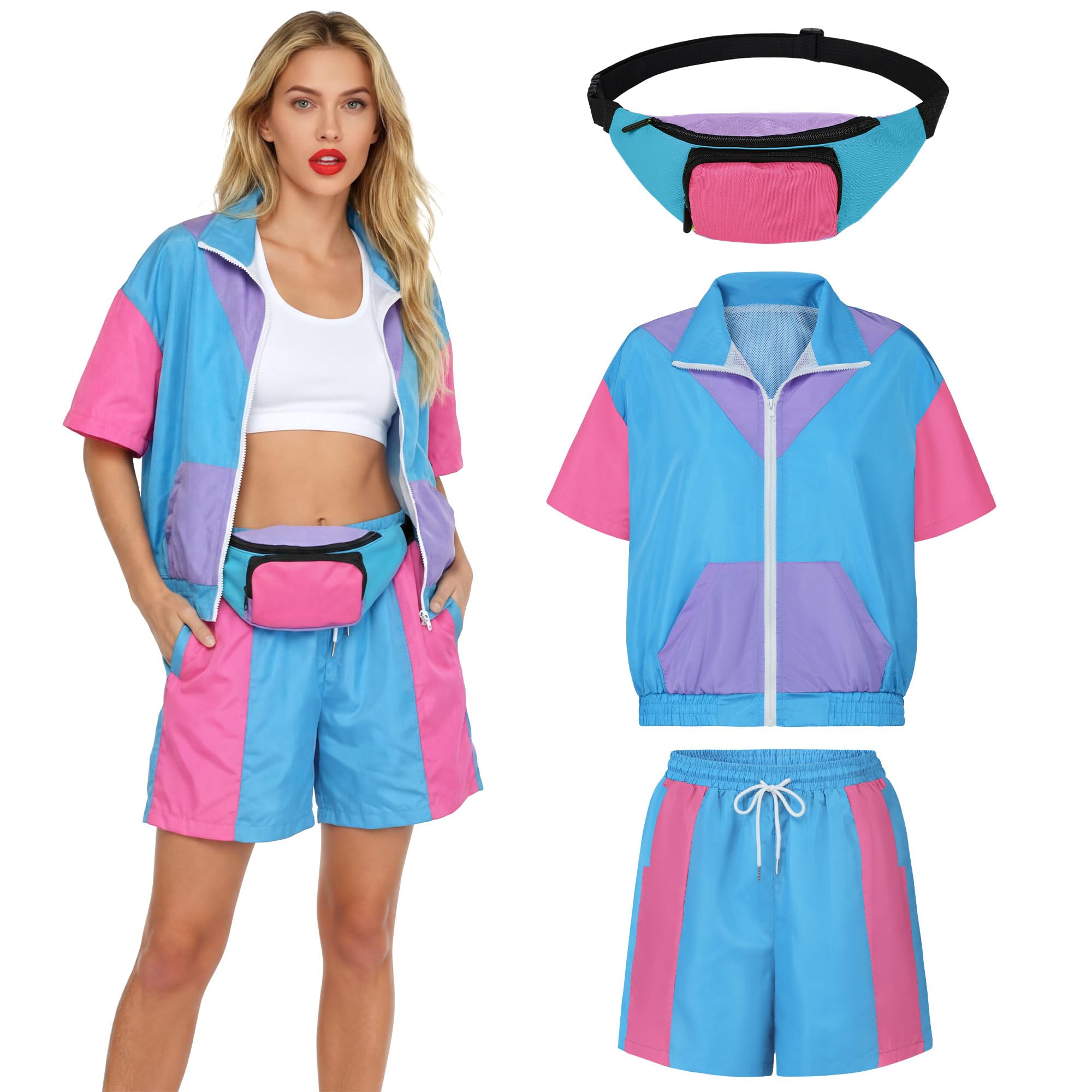 SOMSOC 3 Pieces 80s Tracksuit for Women Windbreaker Short Set with Fanny Pack Color Block Outfits for 80's 90's Party Costume, Blue, Large