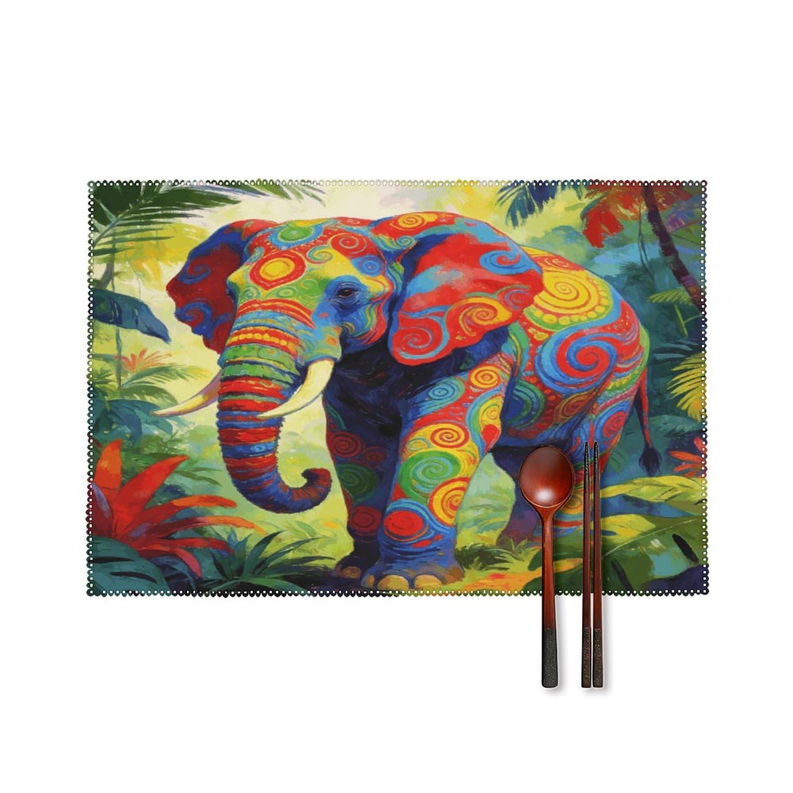 Khauerbc Style Colorful Elephant Placemats Set Of 6,Decorating The Dining Table，Canvas Washable Table Mats，Wipe Clean Anti Slip Dining Table Place Mats For Party Kitchen Dining Decoration
