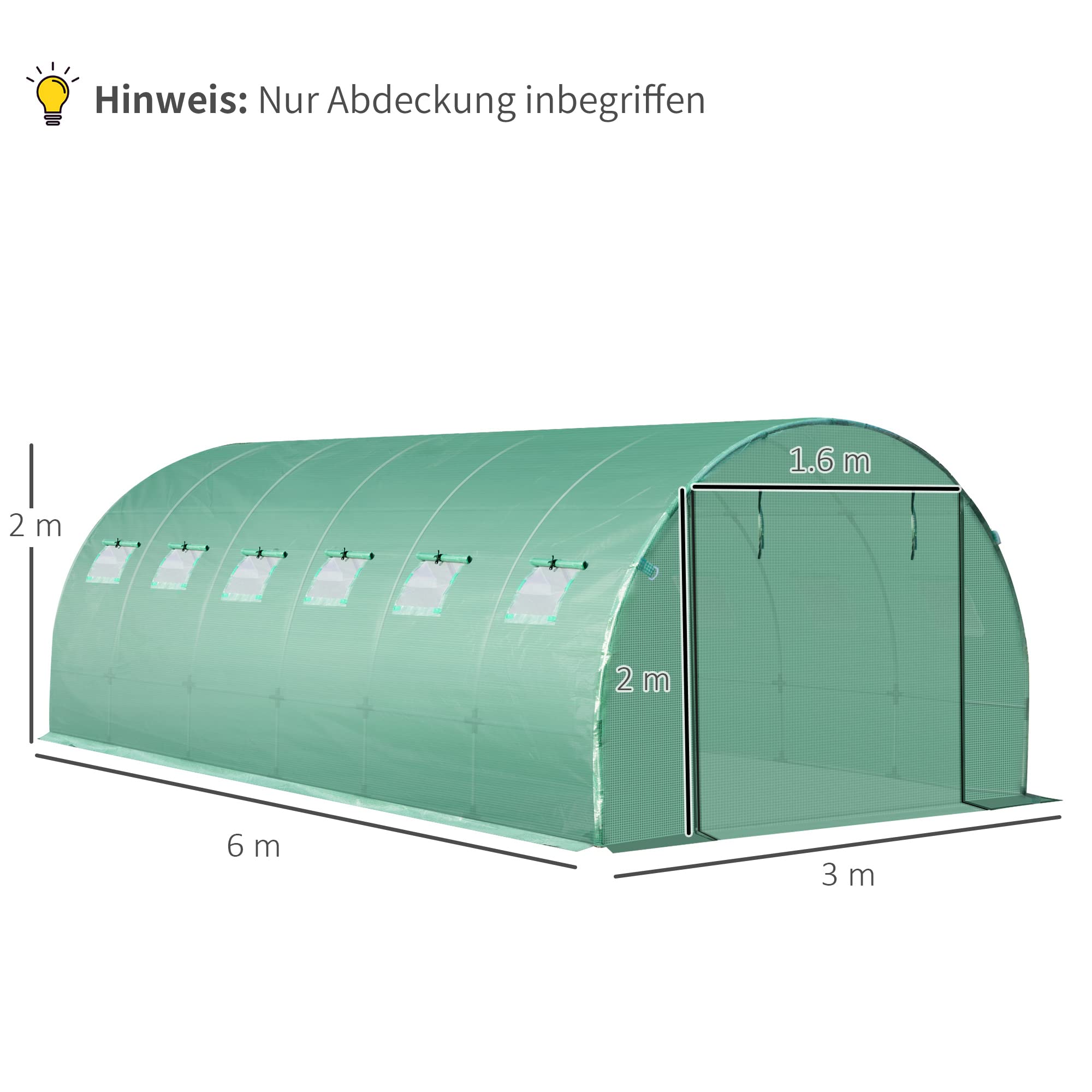 Outsunny Polyethylenfolie 6x3x2m Ersatzfolie mit 12 Fenster für Gartentunnel Gewächshaus Folientunnel Gewächshausfolie Gartenfolie aus Polyethylen Treibhaus Folie Grün