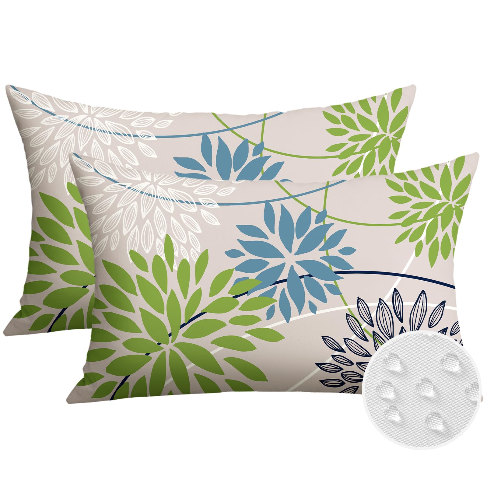 Artscope Outdoor Waterproof Green Blue Cushion Covers Geometric 30x50cm Set of 2 White Dahlia Floral Pillowcases Outdoor Flowers Pillow Covers for Patio Garden Bench Sofa Farmhouse Decor โ image 1