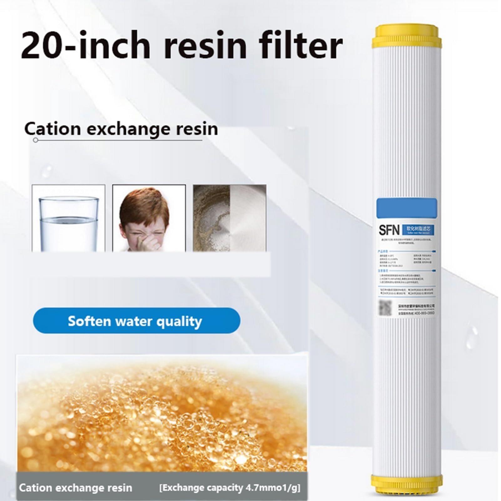 Cartucho de resina catiónica para suavizador de agua de 20" x 2,5", 4 filtros de repuesto para sistemas de filtración de agua estándar de 20" para toda la casa.