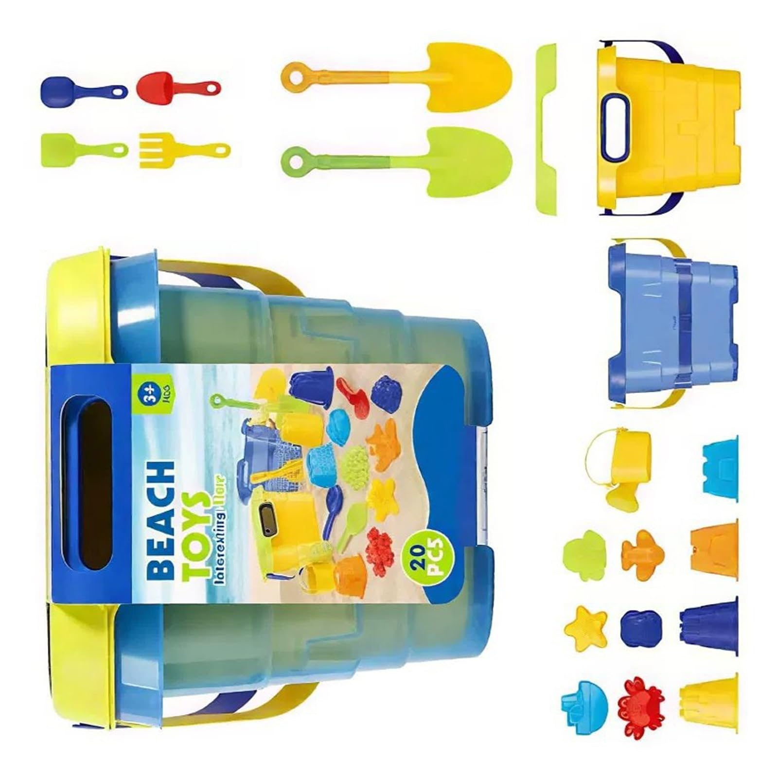 Sandkasten Spielzeugset, 20-teiliges Sandspiel Sortiment mit Trageeimer, Schaufeln, Gießkanne und Formteilen für Strandtage und den Einsatz Freien, Shore Set, Shore Travel, Wasserspaß, tragbarer