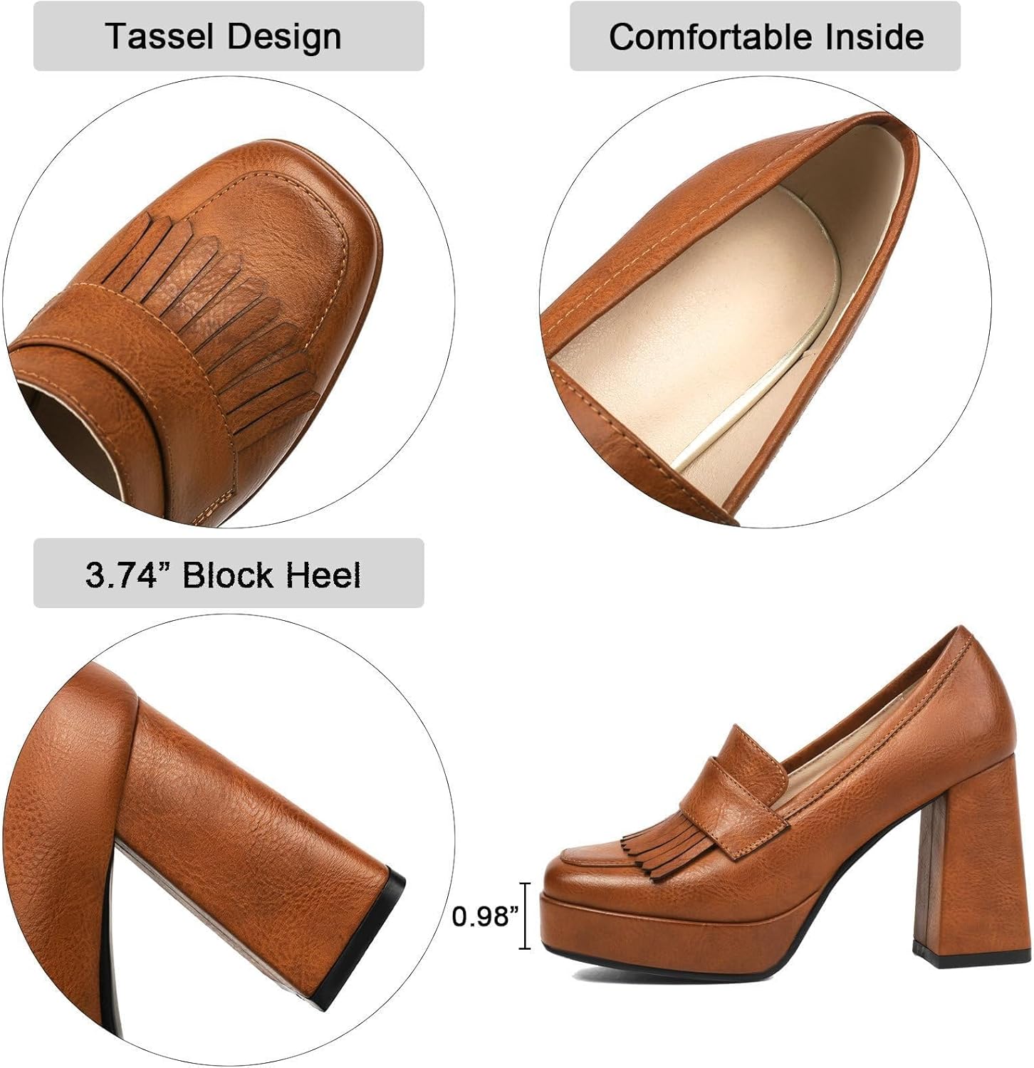 Alsoloveu Women's Platform High Heel Loafers Square Toe Chunky Heels Slip On Pump Shoes with Tassel Decor - Image 5