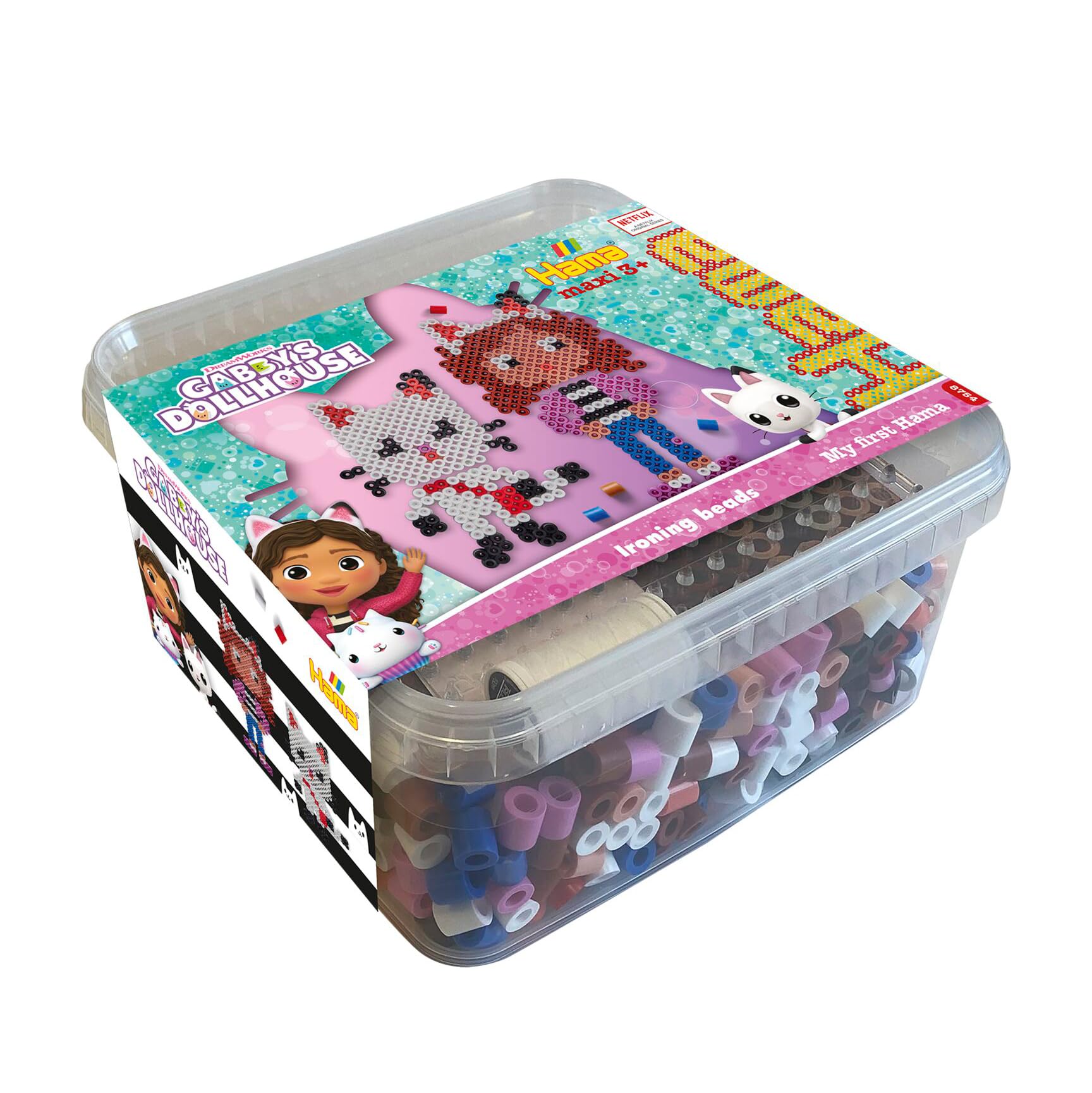 Hama Perlen 8754 – koraliki do prasowania Maxibox, Gabby's Dollhouse, z ok. 900 perłami maxi, kreatywna zabawa dla dużych i małych