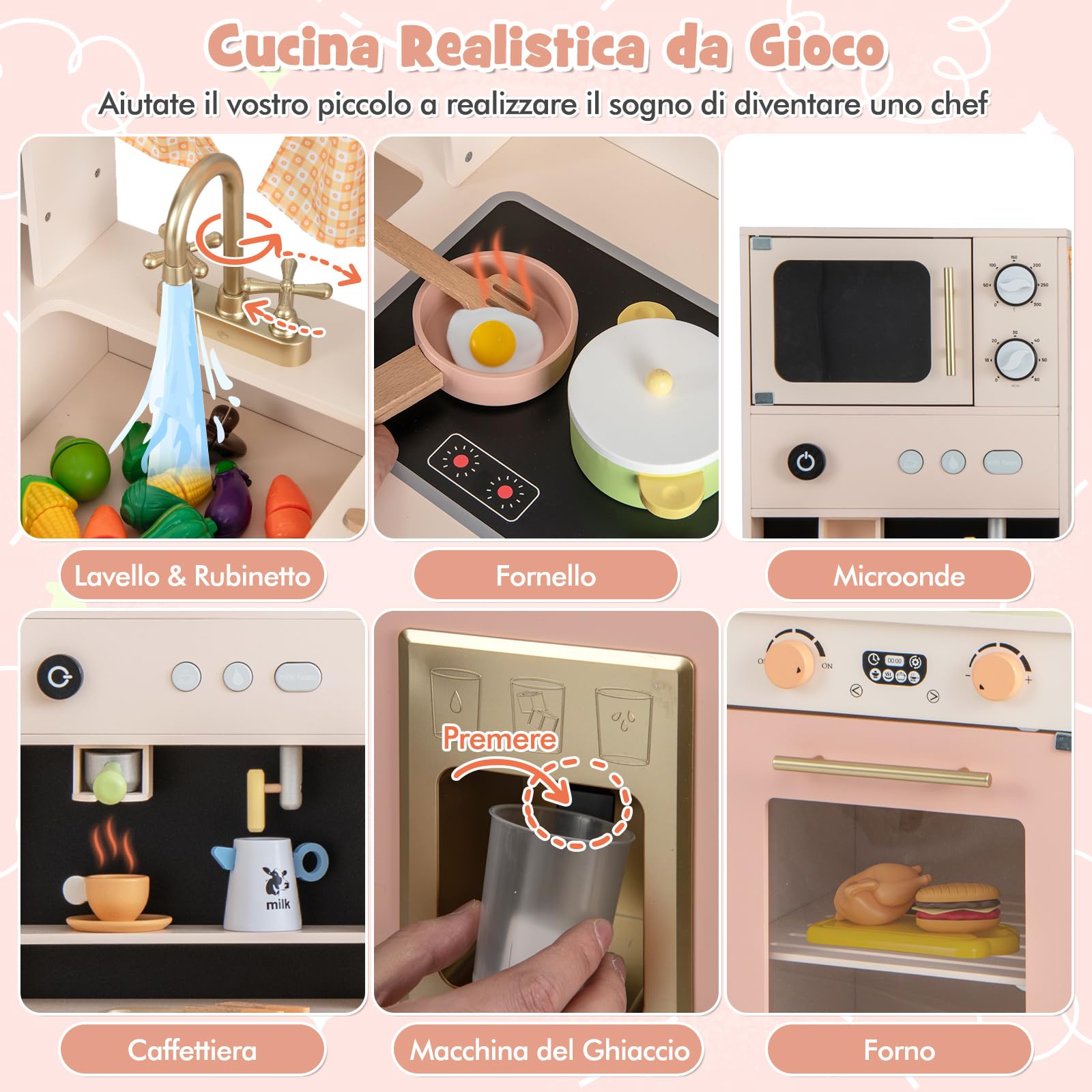 COSTWAY Set da Cucina per Bambini, Cucina Giocattolo in Legno con Microonde, Macchina del Caffè, Cucinetta Giocattolo con Tende, per Bambini 3+ Anni (Rosa)