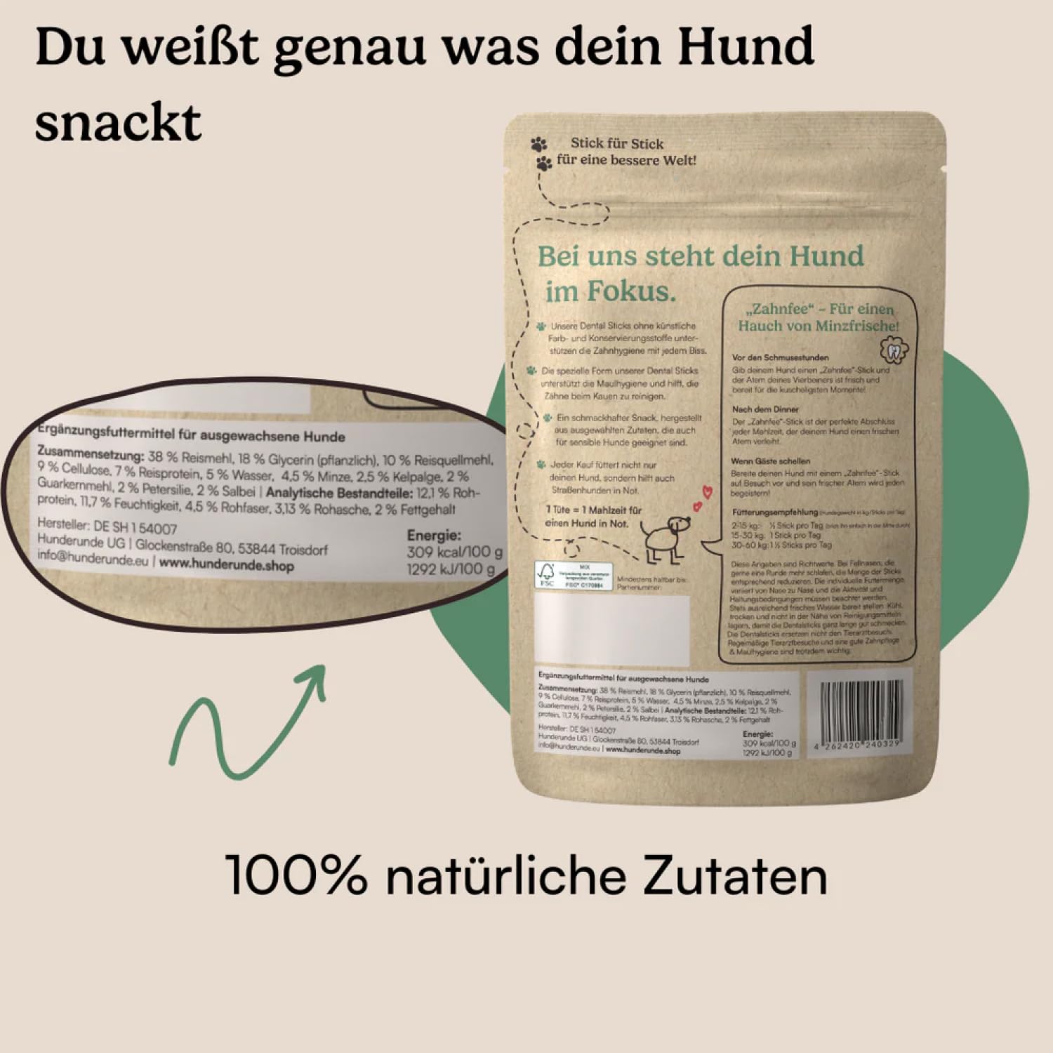 Hunderunde – Zahnfee Dental Sticks 42 STK – vegane Zahnpflege für Hunde – mit Apfeltrester & Pfefferminze – gegen Zahnstein & Maulgeruch – getreidefrei – Hundesnack für tägliche Zahnpflege