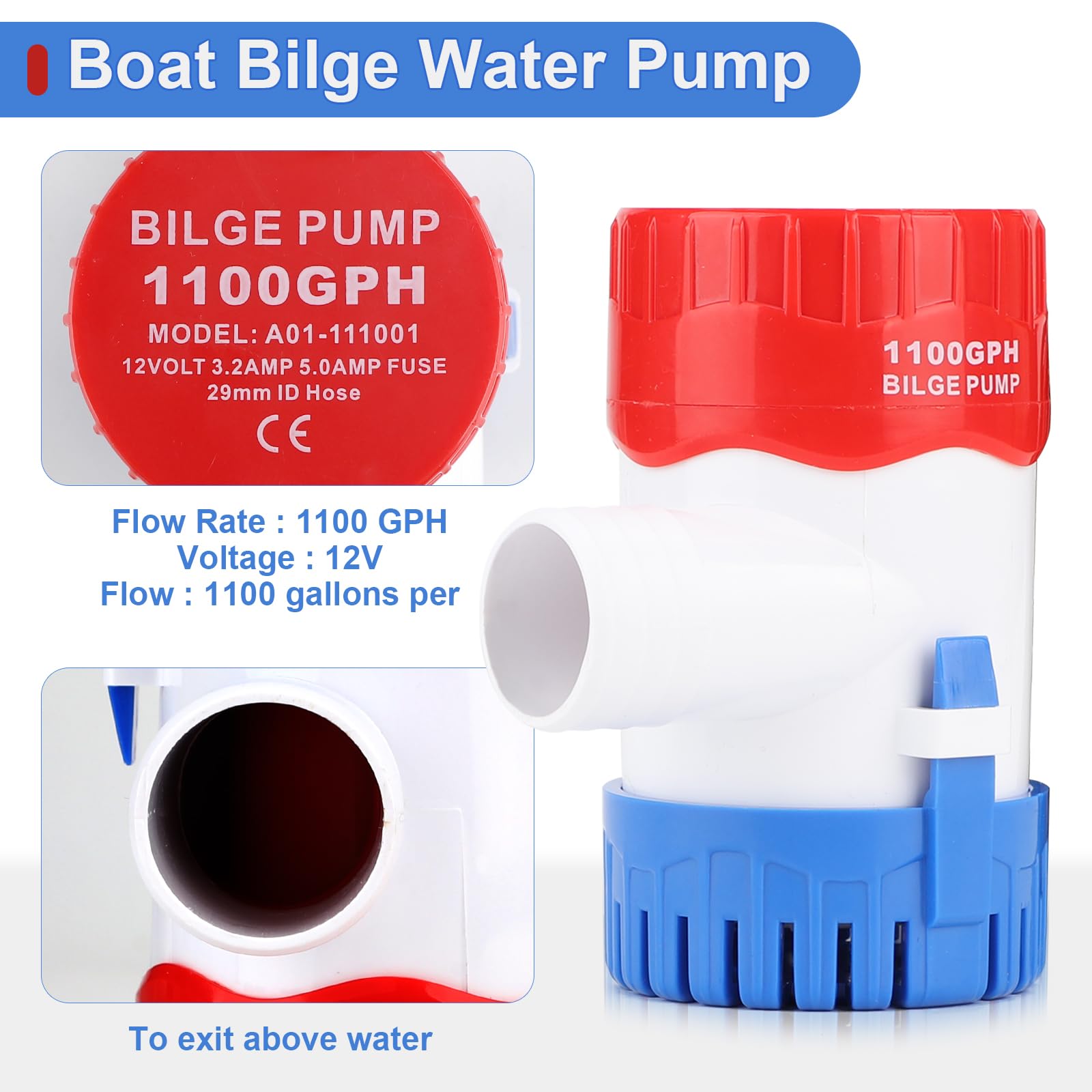 CPROSP Bomba de Achique 12V para Agua 1100GPH con Manguera de φ29mm con 1x 1,88M Manguera Gris y 2 Abrazaderas Silenciosa para Caravanas, Barcos de Pesca, Piscinas Pequeñas y Fuentes