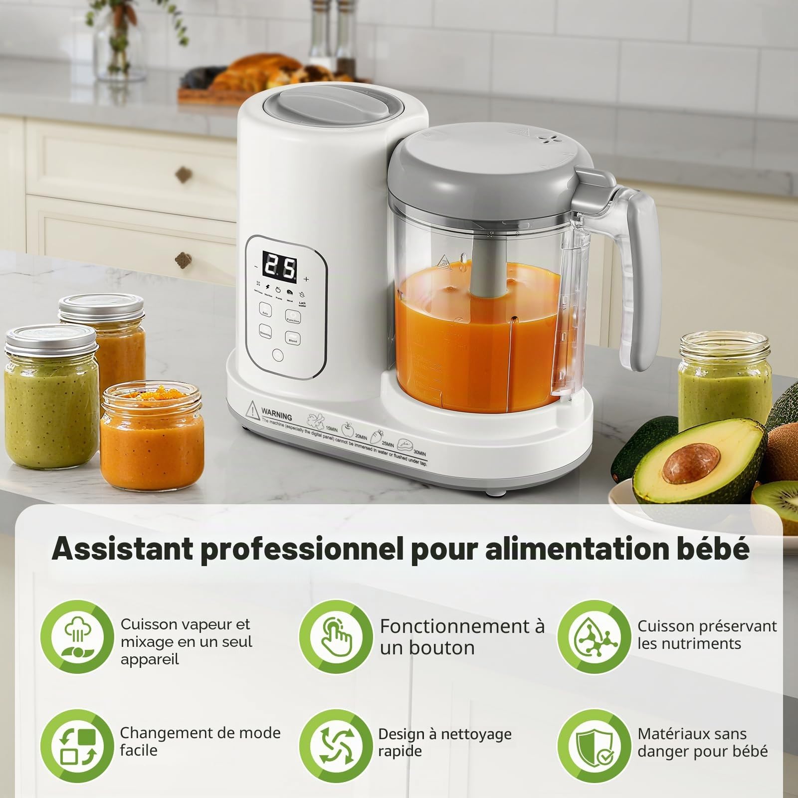 TopStrong Robot Cuiseur Mixeur pour Bébé, Cuiseur Vapeur Mixeur Multifonction avec Fonction Autonettoyante, Mixage, Décongélation, Réchauffage et Maintien, Sans BPA, Diversification Alimentaire
