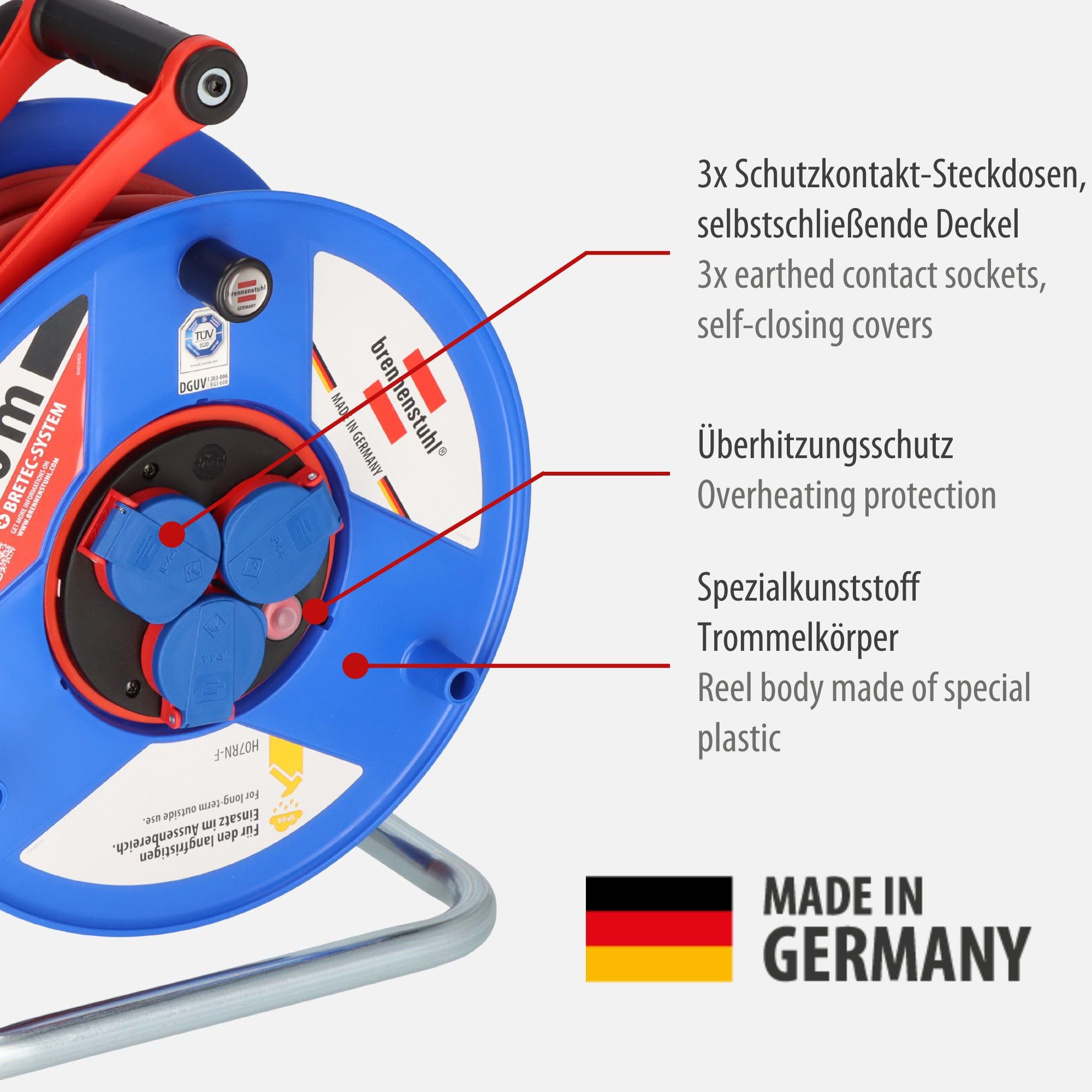 Brennenstuhl Garant Bretec IP44 Gewerbe-/Baustellen-Kabeltrommel, (50m Kabel in rot, Spezialkunststoff, Baustelleneinsatz und ständiger Einsatz im Außenbereich, Made in Germany) 1238930
