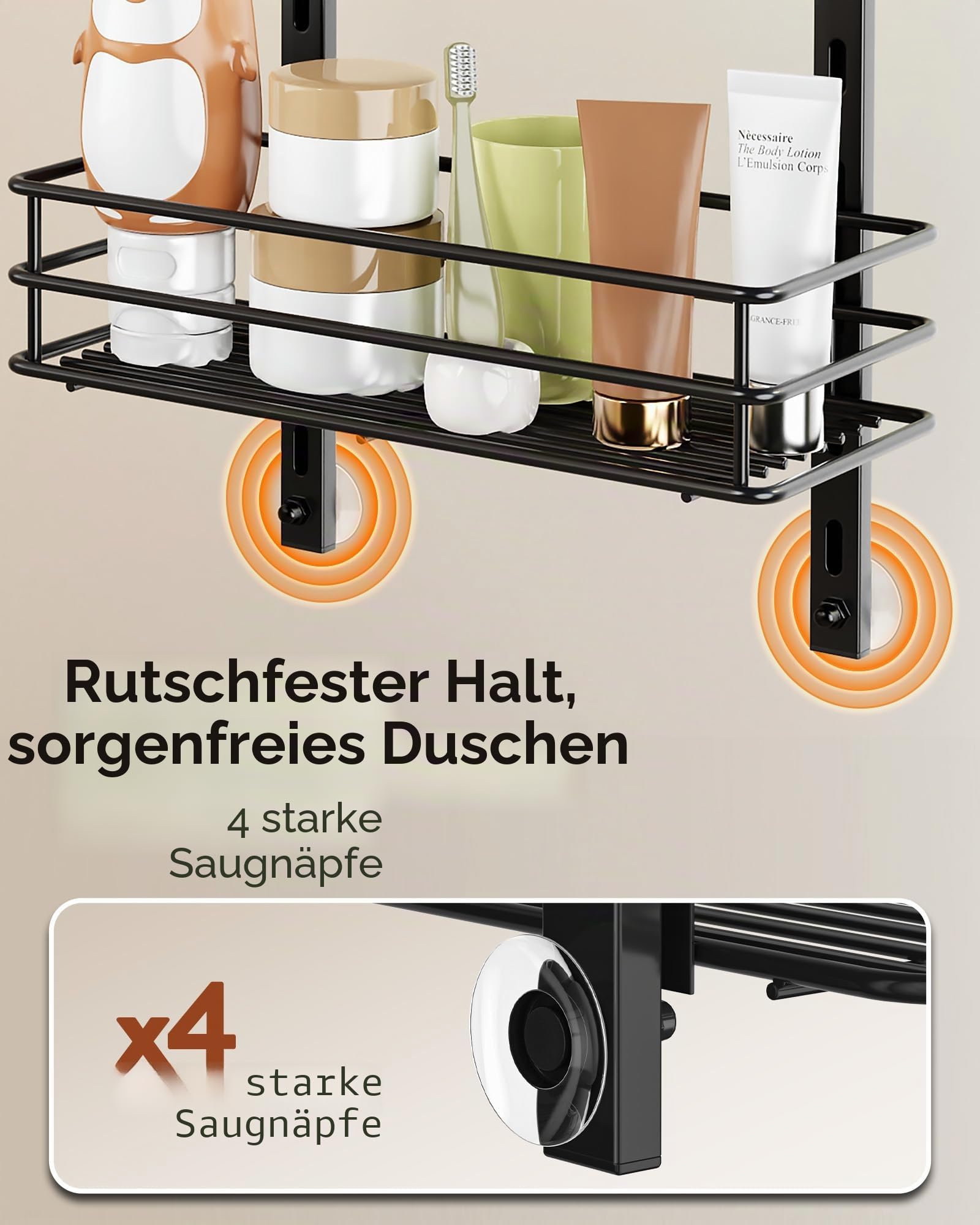Orimade Duschregal über der Tür, verstellbar, rostfrei, mit Haken, Shampoo-Halter, Badezimmer-Regal mit Seifenhalter, Duschkorb mit Saugnapf, extra groß, 5 Etagen (US-Patent)