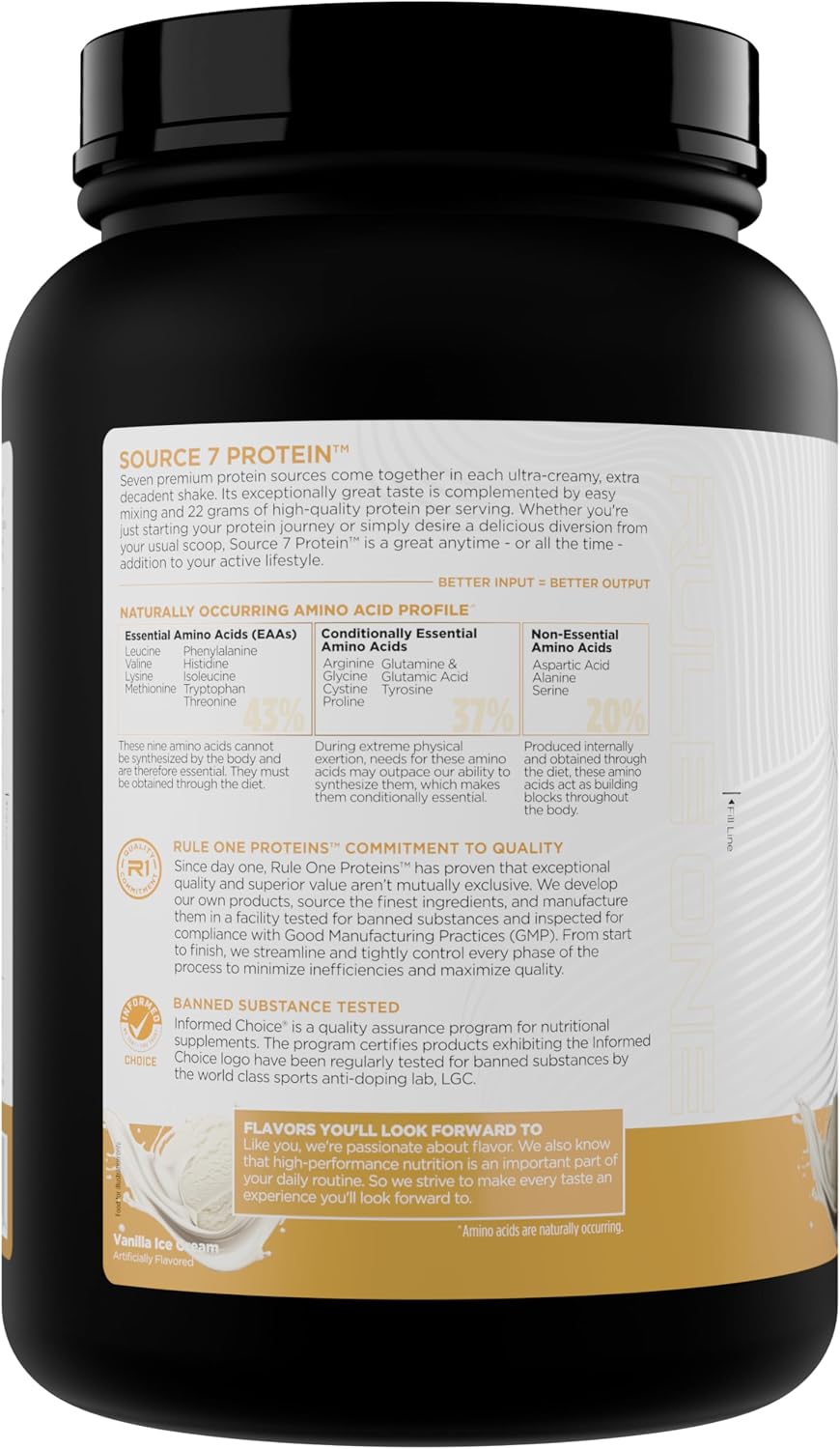 Rule 1 Proteins Source 7 Protein – Decadent Flavor, Velvety Smooth Texture, 22g Anytime Protein, and 10g Naturally Occurring EAAs Per Serving from 7 Premium Sources (1.8 Pounds, Vanilla Ice Cream)