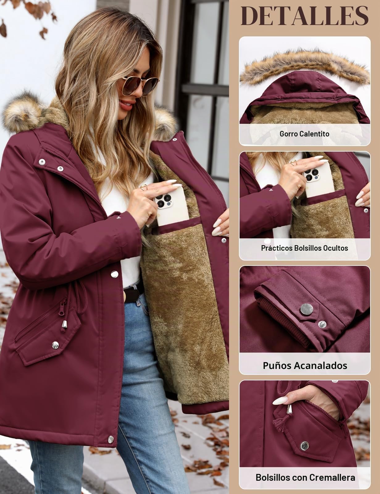 Mujer Invierno Impermeable Chaqueta Parka Abrigo Forro Polar Viento Termica Gruesa Cordón Capucha Desmontable Faux Fur Caliente Cazadora Cálido Prueba Frio Chamarra Jacket