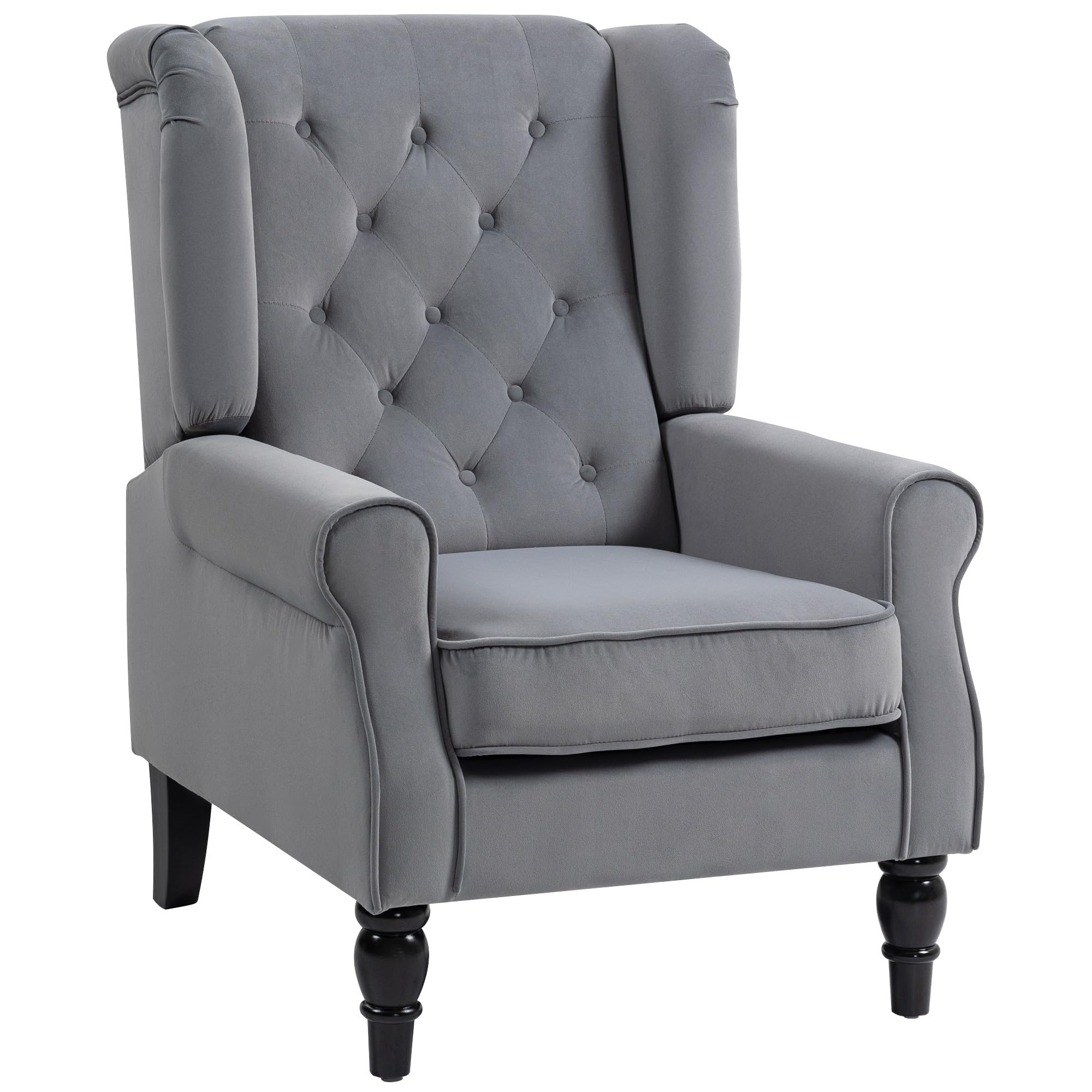 HOMCOM Wingback Accent Chair, Velvet Armchair with Thick Spring Cushion, High Back, Solid Wood Legs, Retro Button Tufted Reading Chair for Living Room, Bedroom, Light Grey — image 1