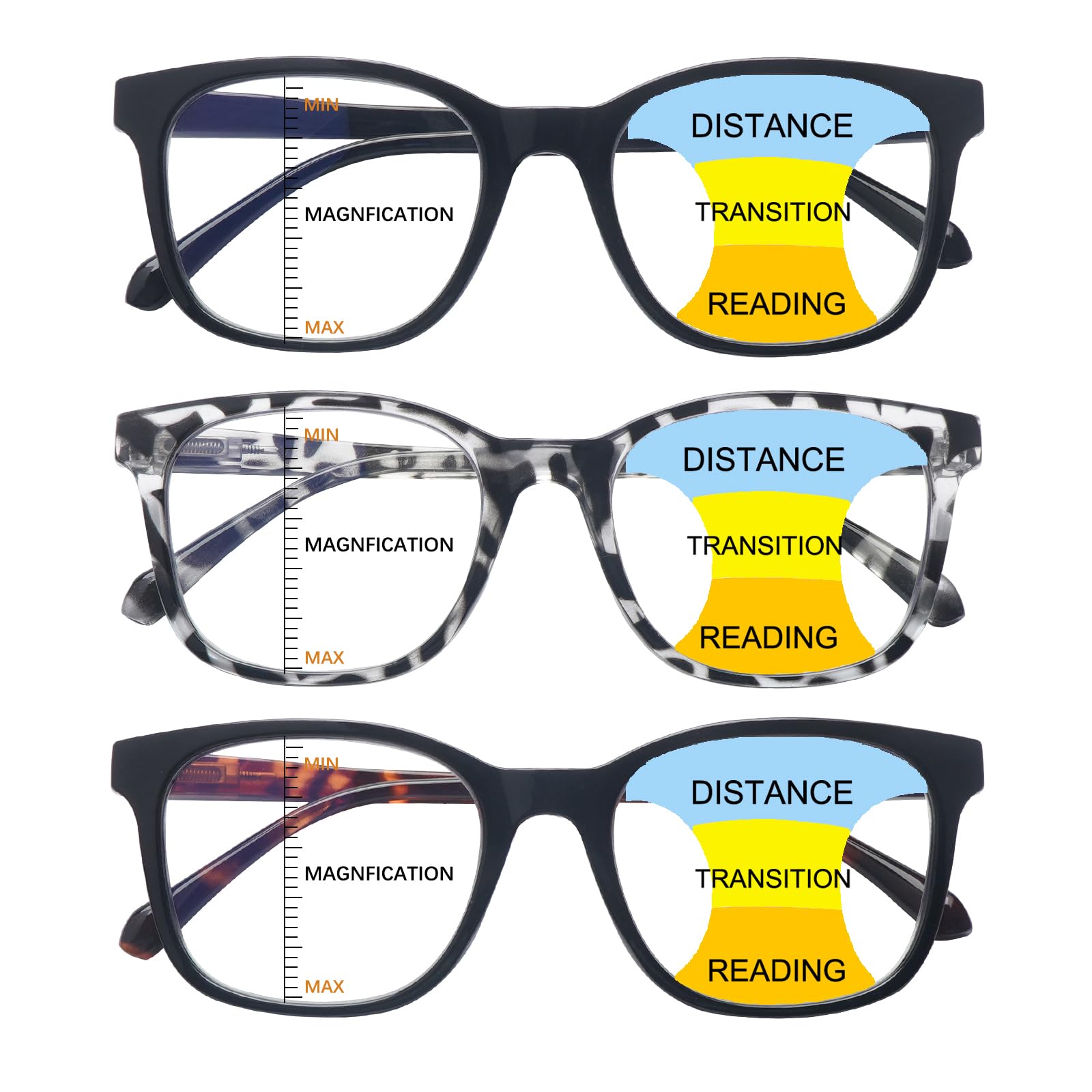 BONCAMOR 3 Pack Progressive Multifocus Reading Glasses Women Men Quality Computer Readers Anti UV Glare Eyeglasses (3 Mix Color, 3, diopters)
