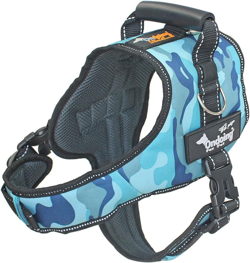 Kingcoowi Dog Vest Harness+Dog Leash Pet Chest Strap Night Light Reflective Rope Dog Leash Adjustable Dog Harness Dog Body Padded Vest (XL, Camouflage Blue)