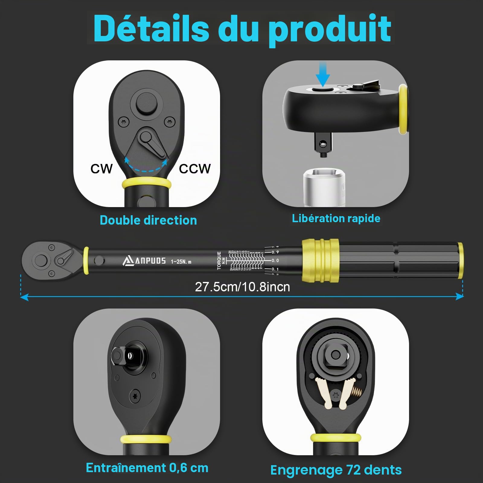 ANPUDS Clé Dynamométrique 1/4'', 1-25Nm Clé Dynamométrique Vélo, 0,1 NM Micro-ajustement, Précision ±3%, 72 Dents Cle Dynamometrique pour Vélos Route Montagne y Moto