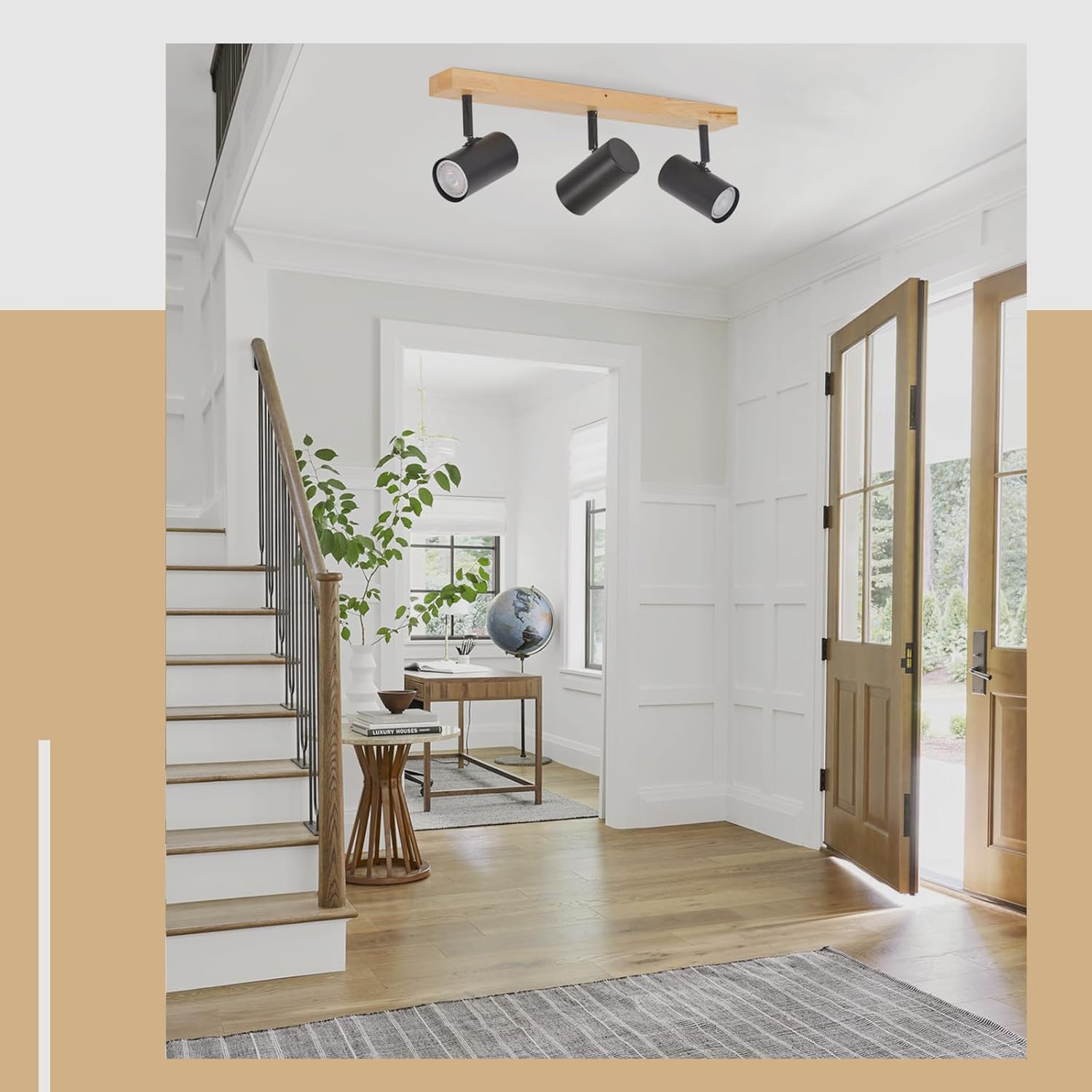 Glitzerlife Lampa Sufitowa 3 Płomień Światło Sufitowe Drewno 2ER Sufitowa | Przedpokój Czarna Metal Nowoczesne Gniazdo Obrotowy Spot Sufitowy 350° Salonu Sypialnia Kuchnia z 6x 4.8 W GU10 żarówki