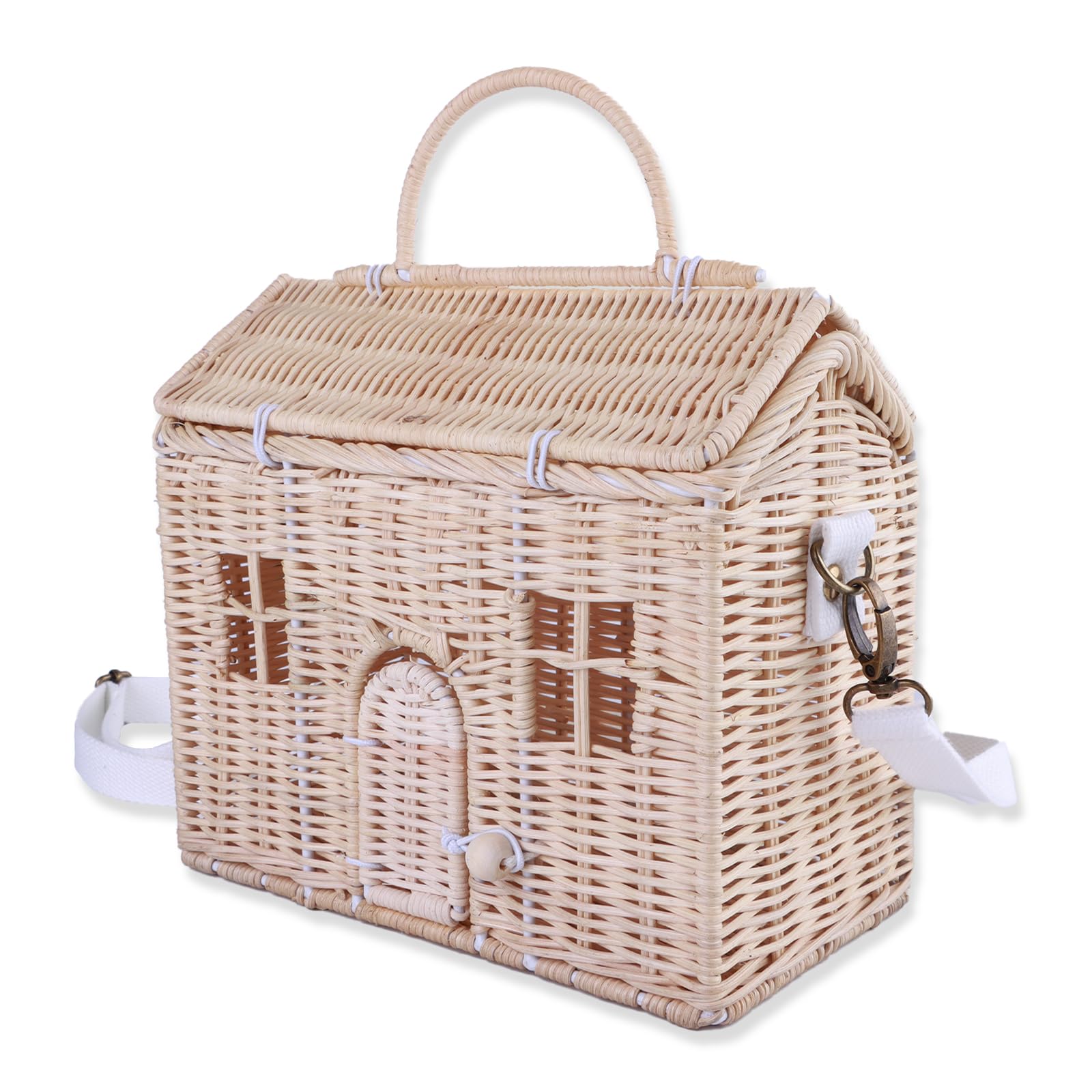Hand Woven Rattan Storage Basket - Multipurpose Organizer with Handle and Strap, 23 x 20 x 15 cm (470g)