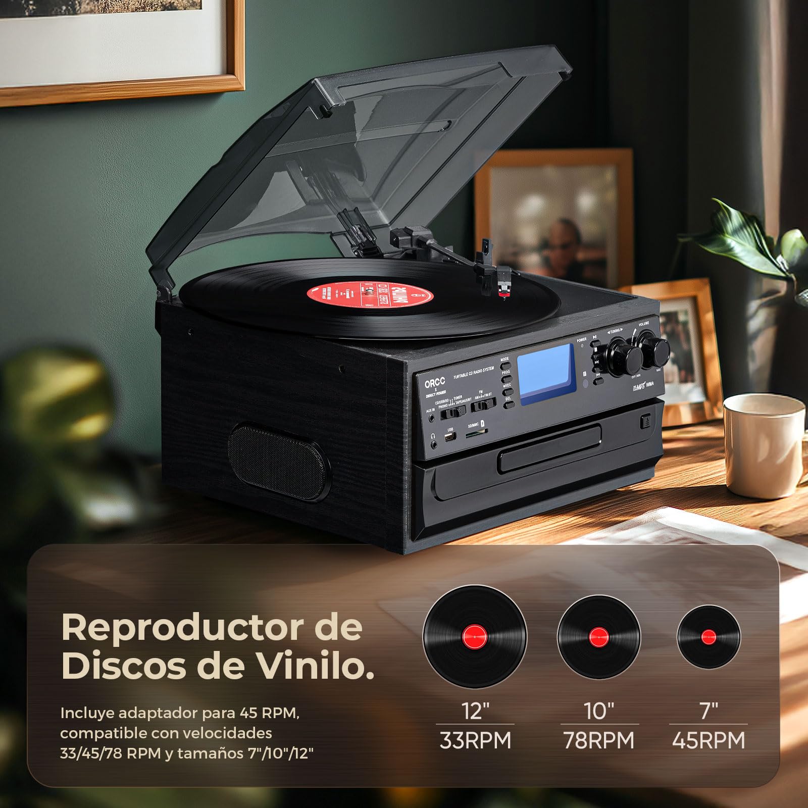 ORCC Tocadiscos Moden 10 en 1, con Tarjeta de Regalo, Tocadiscos de Vinilo para 33/45/78 RPM, reproducción y grabación de CD/USB/SD, Bluetooth y Control Remoto, Radio FM/Am para Amantes de la música