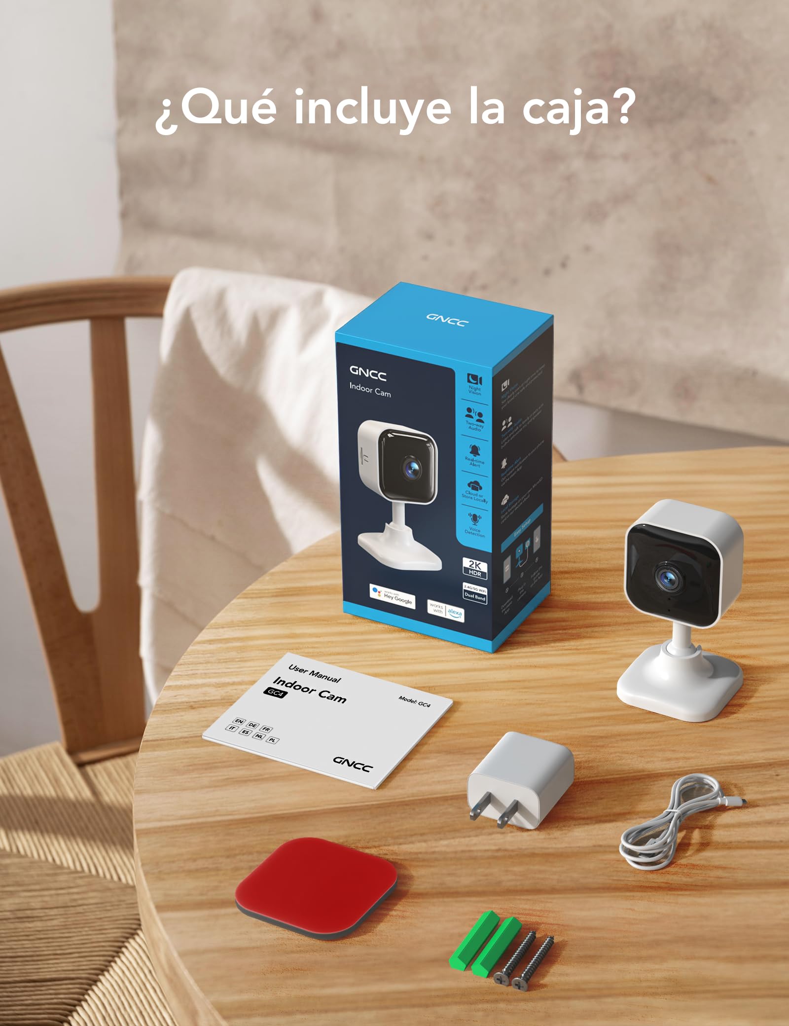 GNCC 2K Camara Vigilancia WiFi Interior 2.4G/5G con Visión Nocturna(4-Pack) | Monitor para Bebés y Mascotas, Detección de IA, Audio Bidireccional, Modo Privado, SD/Cloud, Alarma, Compatible con Alexa