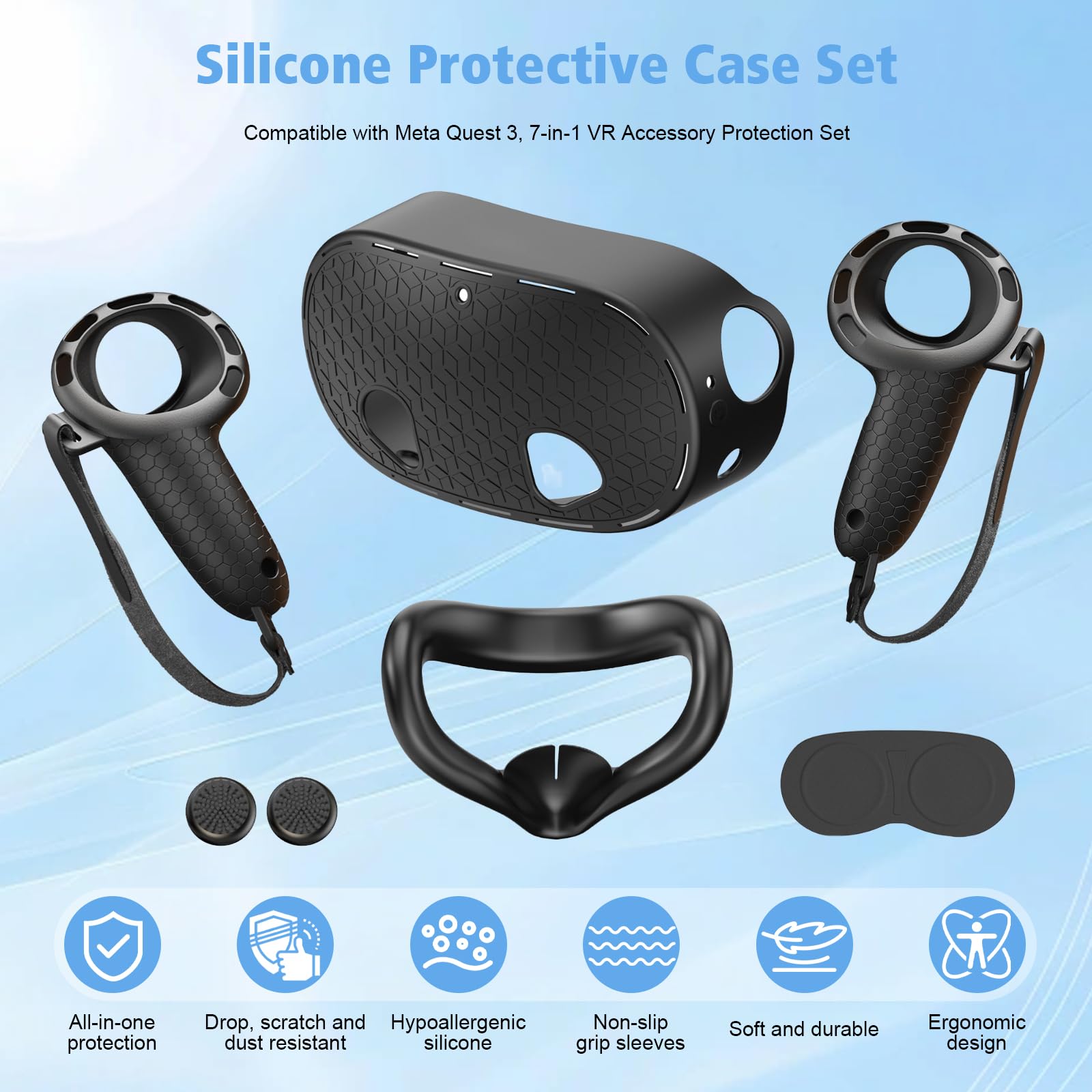 Silikon Cover Set für Meta Quest 3S, 7 Stücke Meta Quest 3S Zubehör Set | Silikon VR Case & Controller Griffe,Silikon Gesichtsabdeckung, Objektivabdeckung, Anti-Rutsch,Stoßdämpfung,Kratzfest