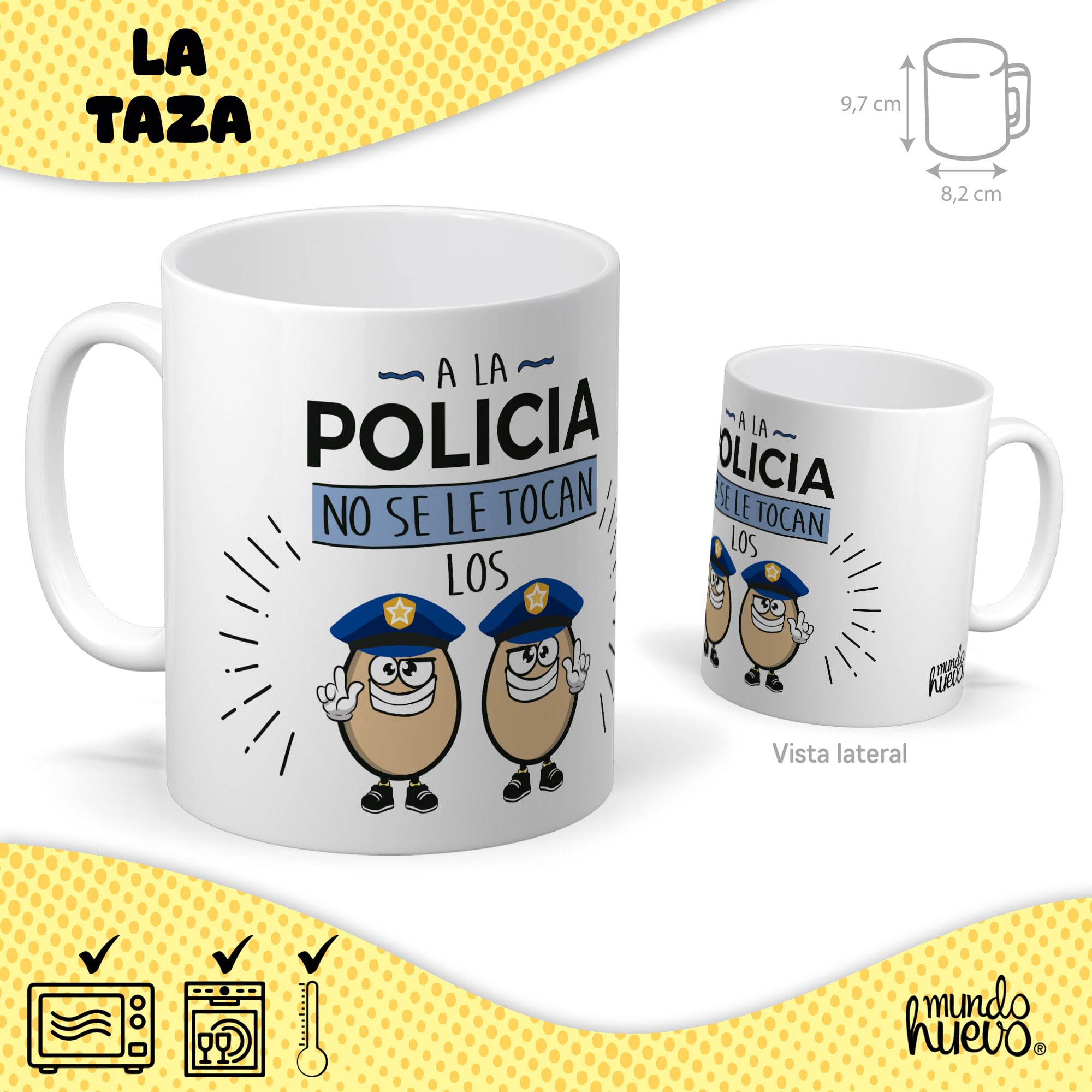 mundohuevo Pack Regalo Policía Original: Taza Divertida “A la Policía No se le Tocan los Huevos” + Caramelos de Broma Huevoprofeno | Detalle Gracioso y Único para Cumpleaños, Policia