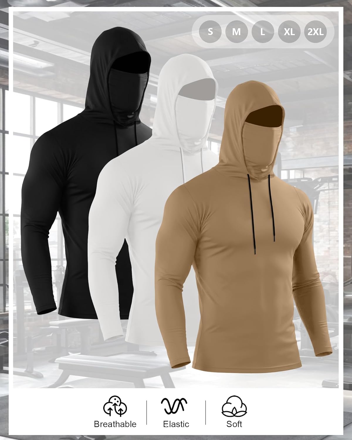 3 Pack Men's Sports Hoodies with Mask Compression Long Sleeve Thermal Shirts Base Layer Tees Running Pullover - Image 3