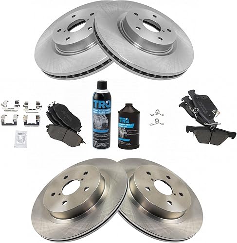 TRQ Kit de pastillas de freno delanteras y traseras y rotores Kit de productos químicos de freno, pastillas de freno de cerámica compatible con