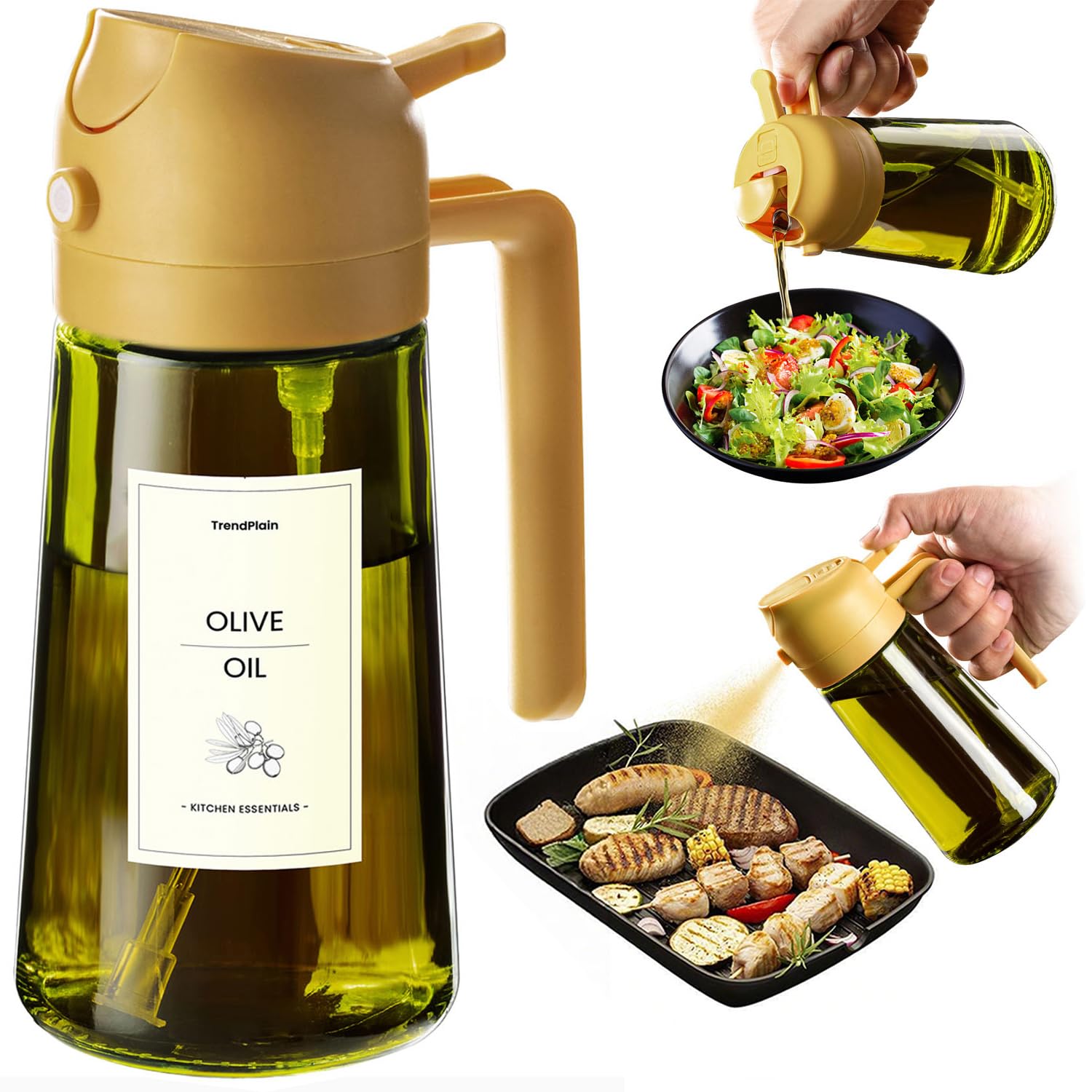 TrendPlain 16oz Ölsprüher für Speiseöl – 470ml Olivenöl Flasche – 2-in-1 Ölspender und Ölsprüher – Küchen Gadgets für Kochen, Salat und Grill