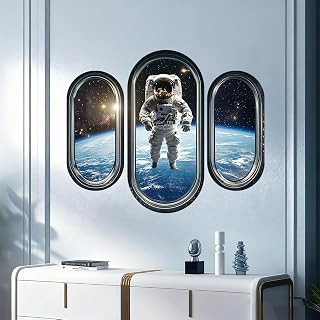 3pcs/Set 3D Space Capsule Window Wall Sticker Outer Space Wall Decor DIY Peel and Stick Art Mural Astronaut Wall Sticker for Bedroom Nursery Living Room Home Decor