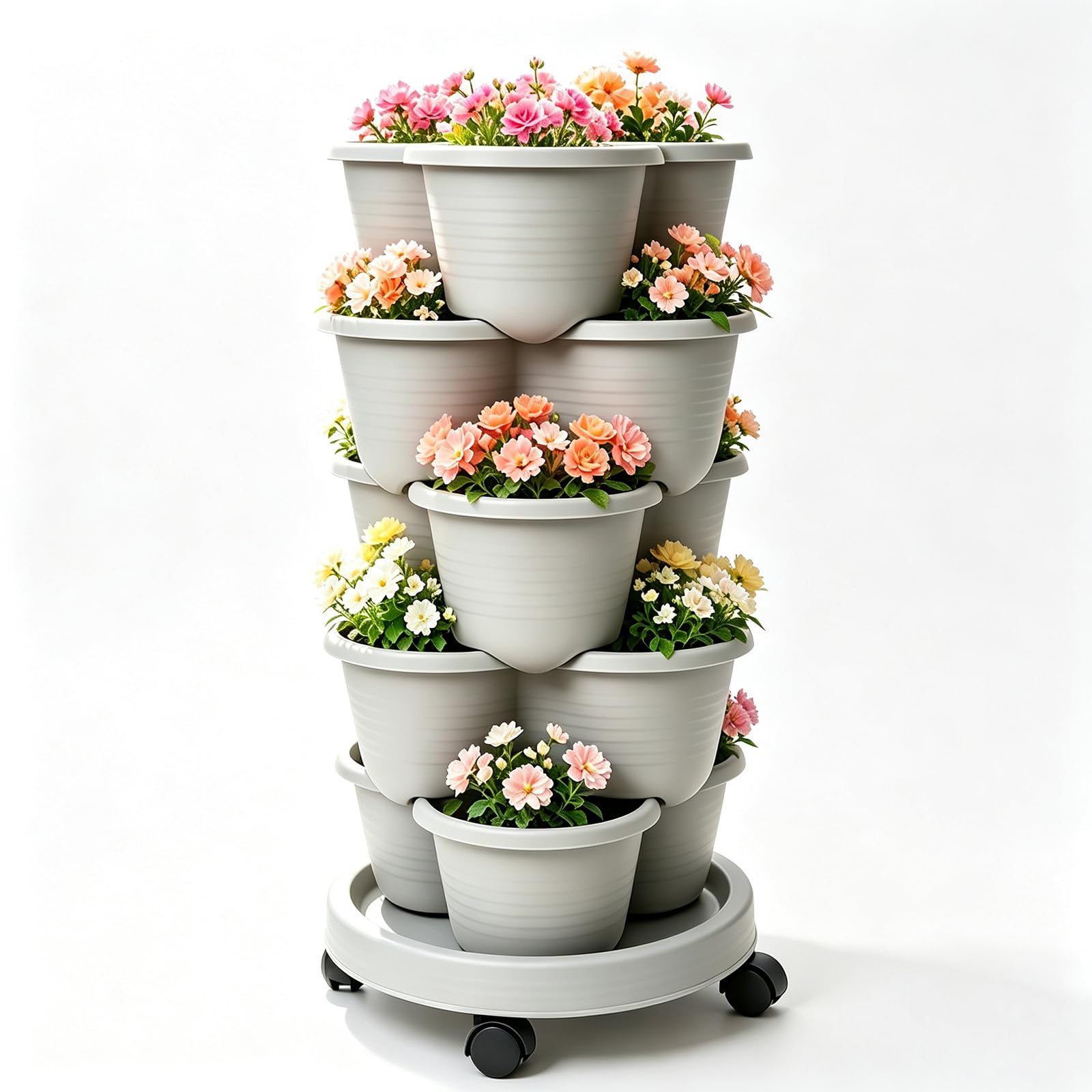 Yolispa Stackable Strawberry Planter 5 Tier, Vertical Garden Tower with Wheels (Grey)