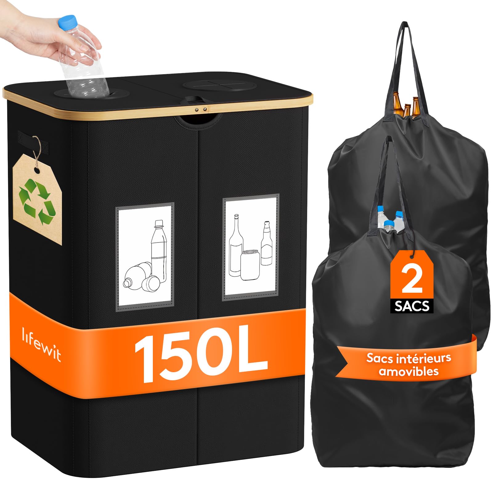 Lifewit Collecteur de Bouteilles avec Couvercle 2 Compartiment, Poubelle Tri Selectif pour Plastique, Bouteilles Verre, Poubelle Exterieur de Recyclage avec Trou, Cuisine Rangement, 150L, Noir