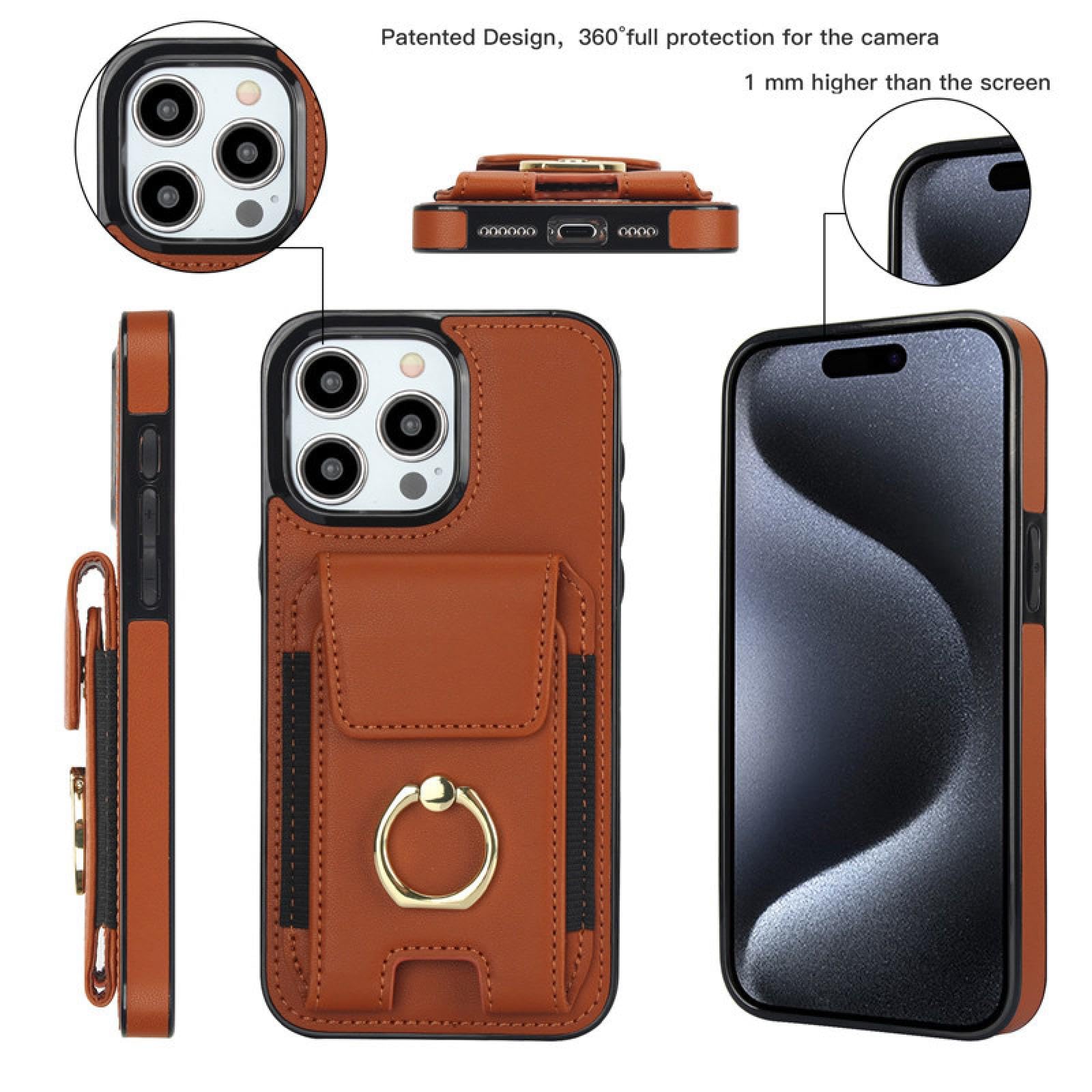 Für iPhone 15 Plus Luxus-Ring-Leder-Brieftaschen-Karten-Telefonhülle Flip-Stand-Cover (Für iPhone 15 Plus/Beige)