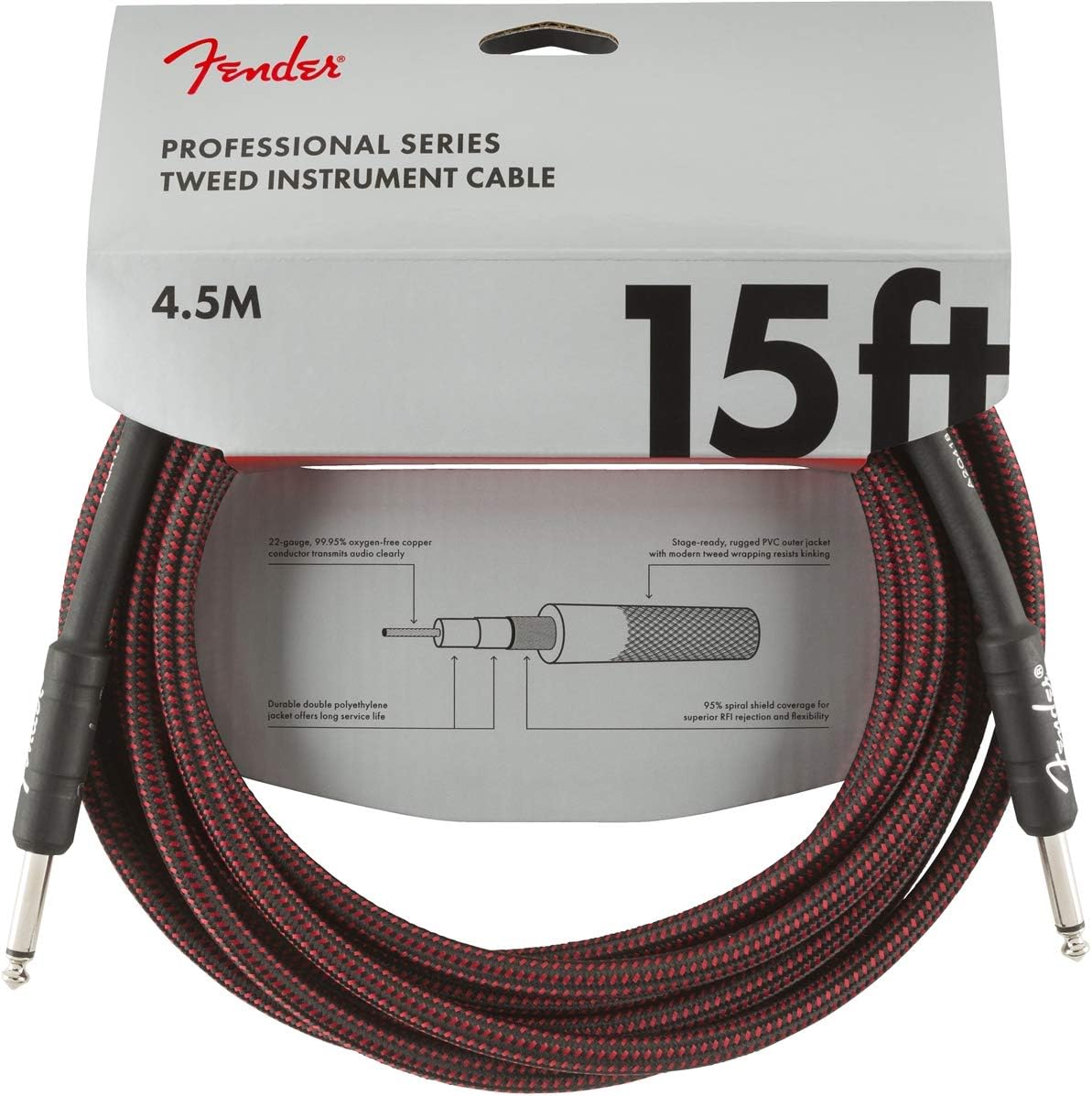 FenderFender 990820064 Professional 15' Instrument Cable - Red Tweed - 1/4 Inch Straight