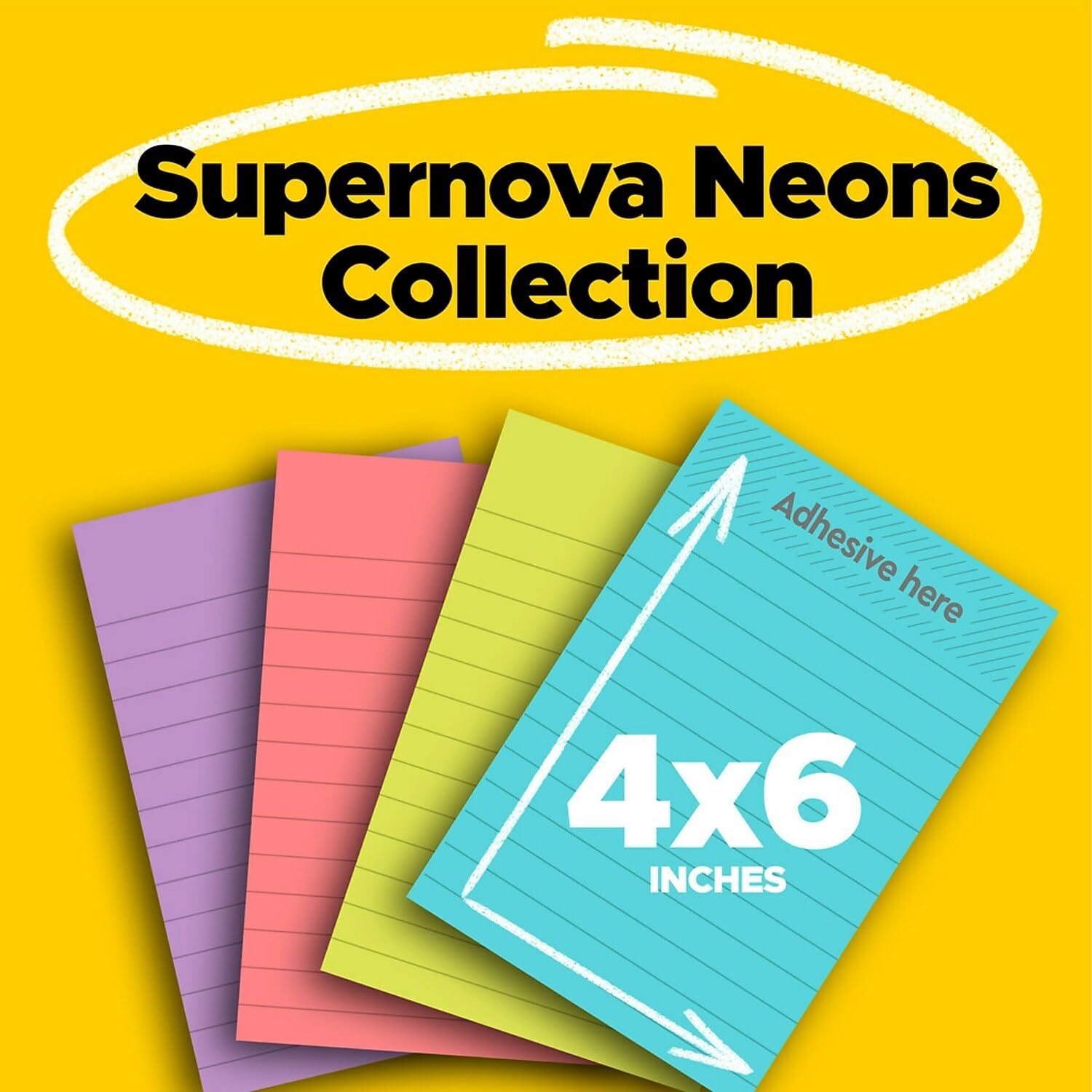 Post-it Super Sticky Notes, 4-inch x 6-inch, Supernova Neons Collection, Lined, 45 Sheet/Pad, 24 Pads/Pack (660-24SSMIA-CP)
