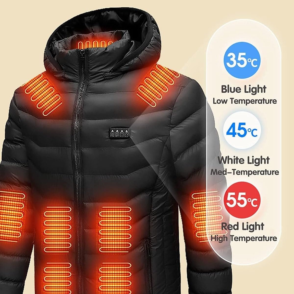 19 Zonas Chaqueta Calefactable Hombre Mujer, Abrigo Calefactable Eléctrico USB 3 Temperaturas Ajustables, Lavable Ropa de Plumón Calefactor de Invierno para Pesca, Caza y Esquí