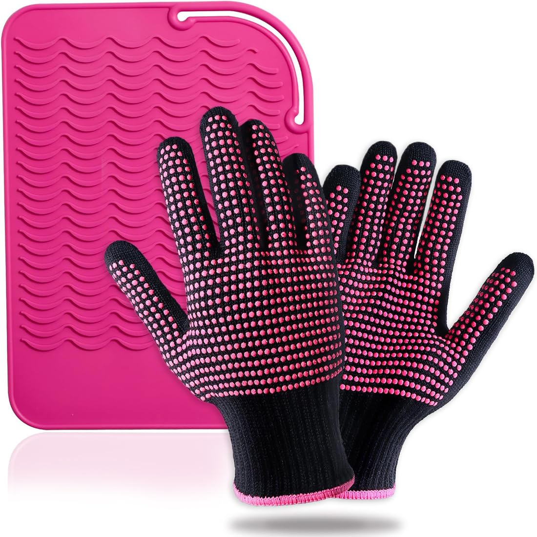 2 Pcs Gants Anti Chaleur et 1 Coussin Anti-brûlure, Gants de Protection pour Coiffure, Rose