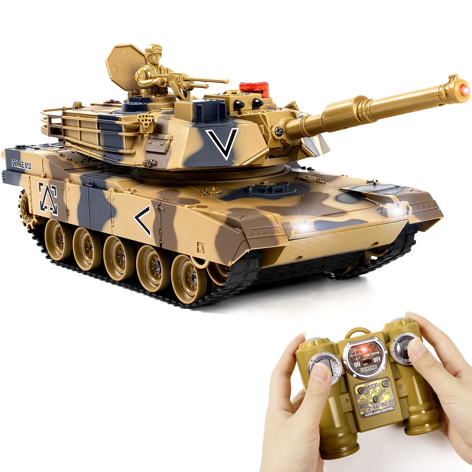 Supdex 1/24 RC Tank, Remote Control Battle USA M1A2 Army Model Tank with Sound Effects, Lights and Smoke, 2.4G Military Model Toy for Kids, Infrared Battle Toy with Smoke Effect Gift for Boys