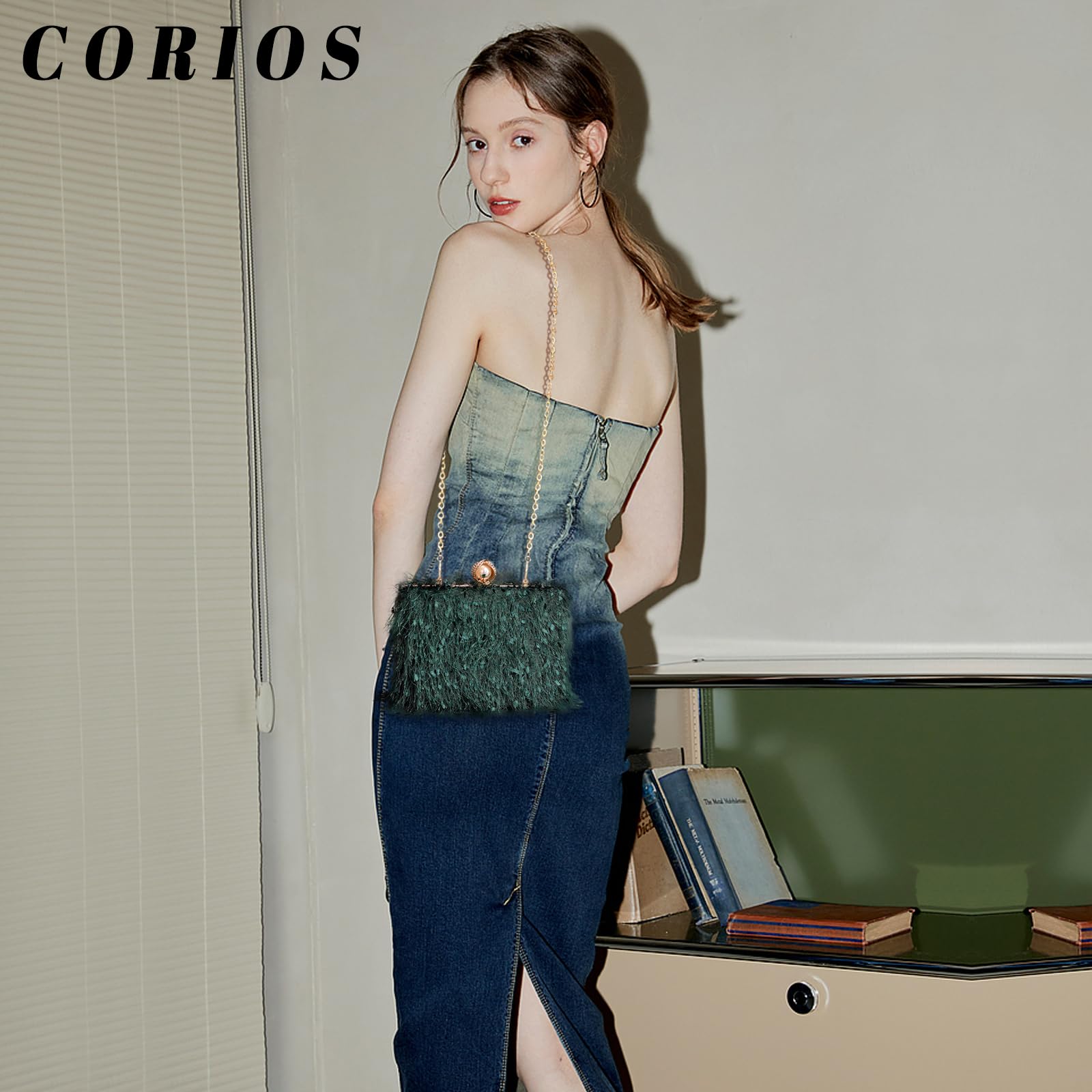 CORIOS Borsetta da Sera con Nappina Donna Strass Clutch Pochette Piccola con Catena Scintillante Elegante a Tracolla Sposa Perle a Spalla Verde Scuro