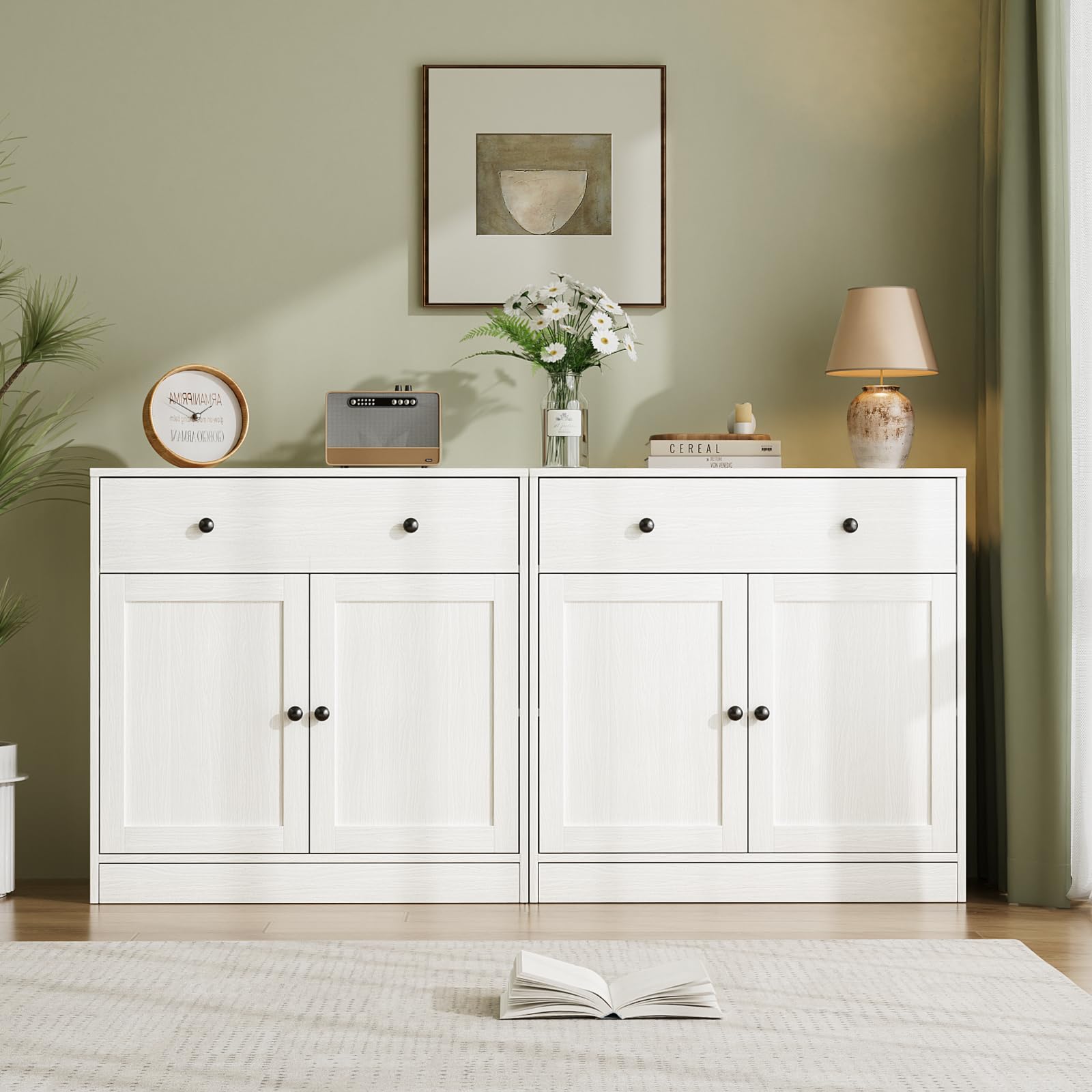 VOWNER Sideboard mit Schubladen, Kommode mit 2 Türen, Küchenschrank mit Arbeitsplatte, Buffetschrank, TV Board, Aufbewahrungsschrank für Wohnzimmer Schlafzimmer, 40 x 80 x 80 cm (Weiß, 1PCS)