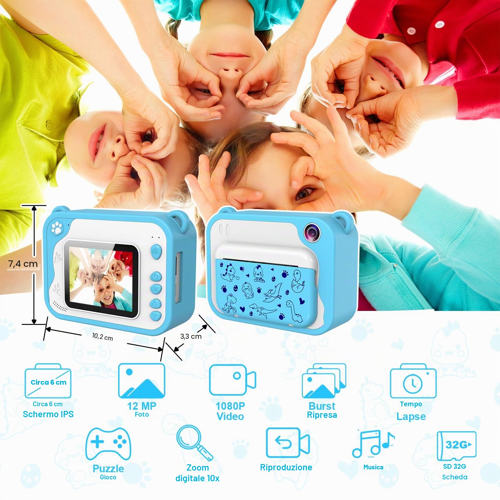 CHAKEYAKE Macchina Fotografica Bambini,Fotocamera Istantanea Digitale Bambini 2.4” 1080P HD Videocamera con 32GB Scheda SD,Macchina Fotografica Giocattolo Idee Regalo Bambino 3-12 Anni(Blu)