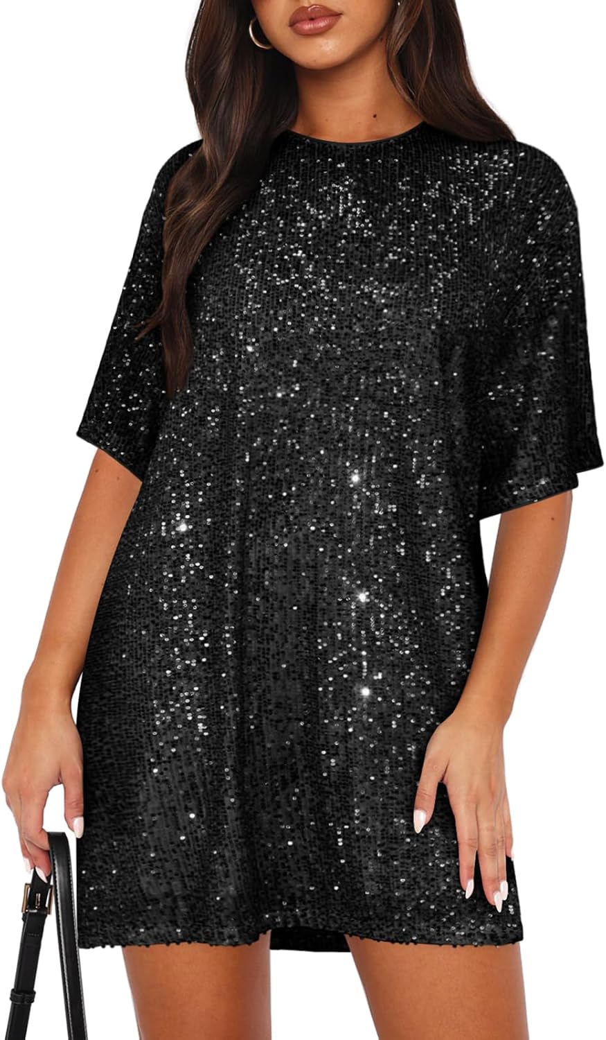 Women's Crew Neck Sequin Dress for Women Sexy V Neck Shirt Dress Sparkly Half Sleeve Loose Party Club Cocktail Dress