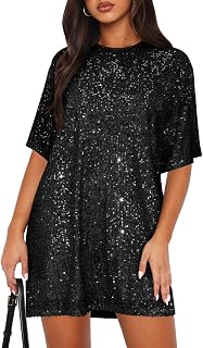 MIYIEONZ Women's Reversible Sequin Shirt Dress - Sexy Deep V-Neck or Crew Neck Sparkly Half Sleeve Loose Cocktail Party Dress