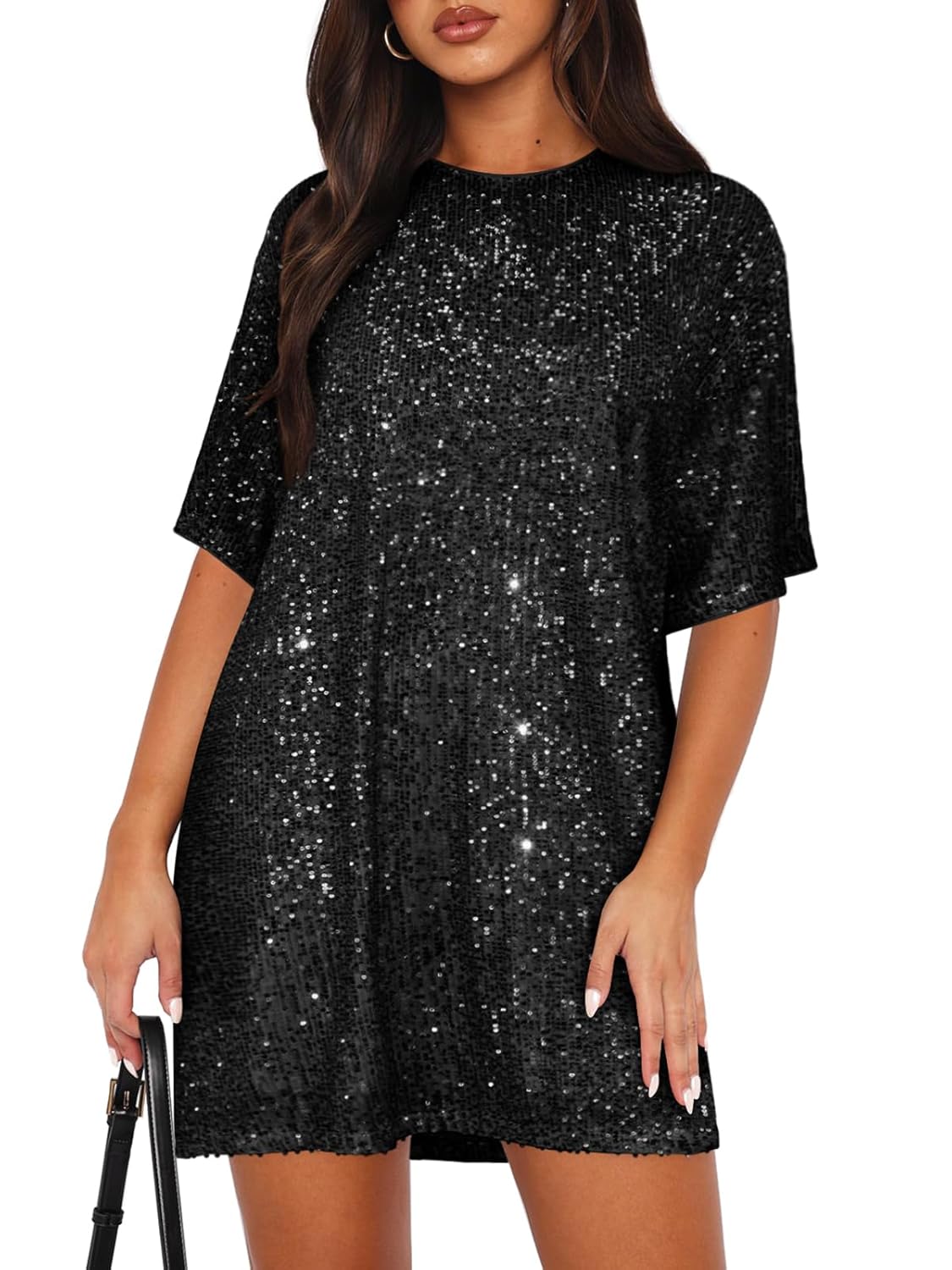 Womens Crew Neck Sequin Dress for Women Sexy V Neck Shirt Dress Sparkly Half Sleeve Loose Party Club