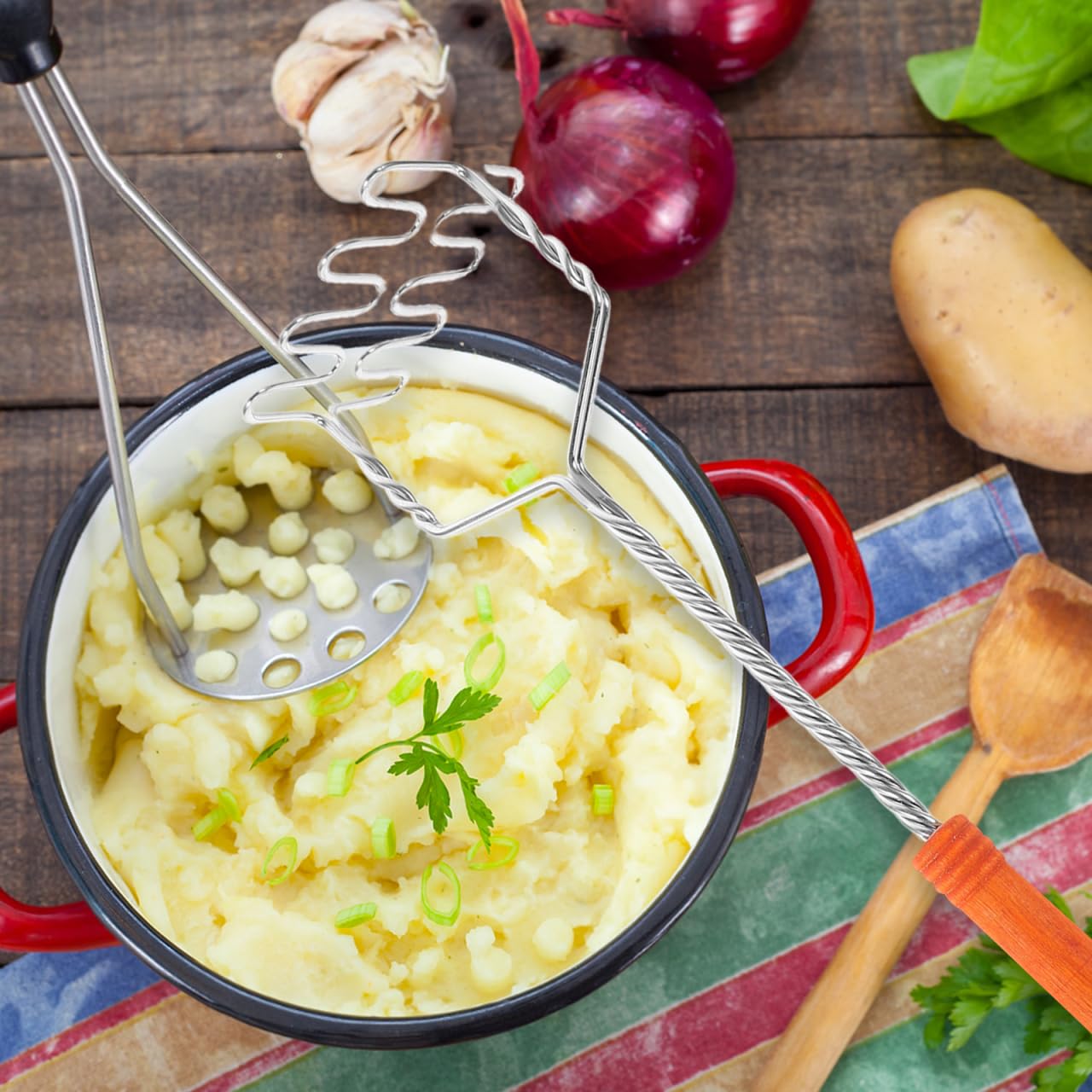 Hemoton Handkartoffelstampfer Edelstahldraht Stampferplatte Manuelle Bohnenstampfer Ricer Kartoffelpüree Werkzeug mit Holznadel für Kartoffeln Gemüse Obst
