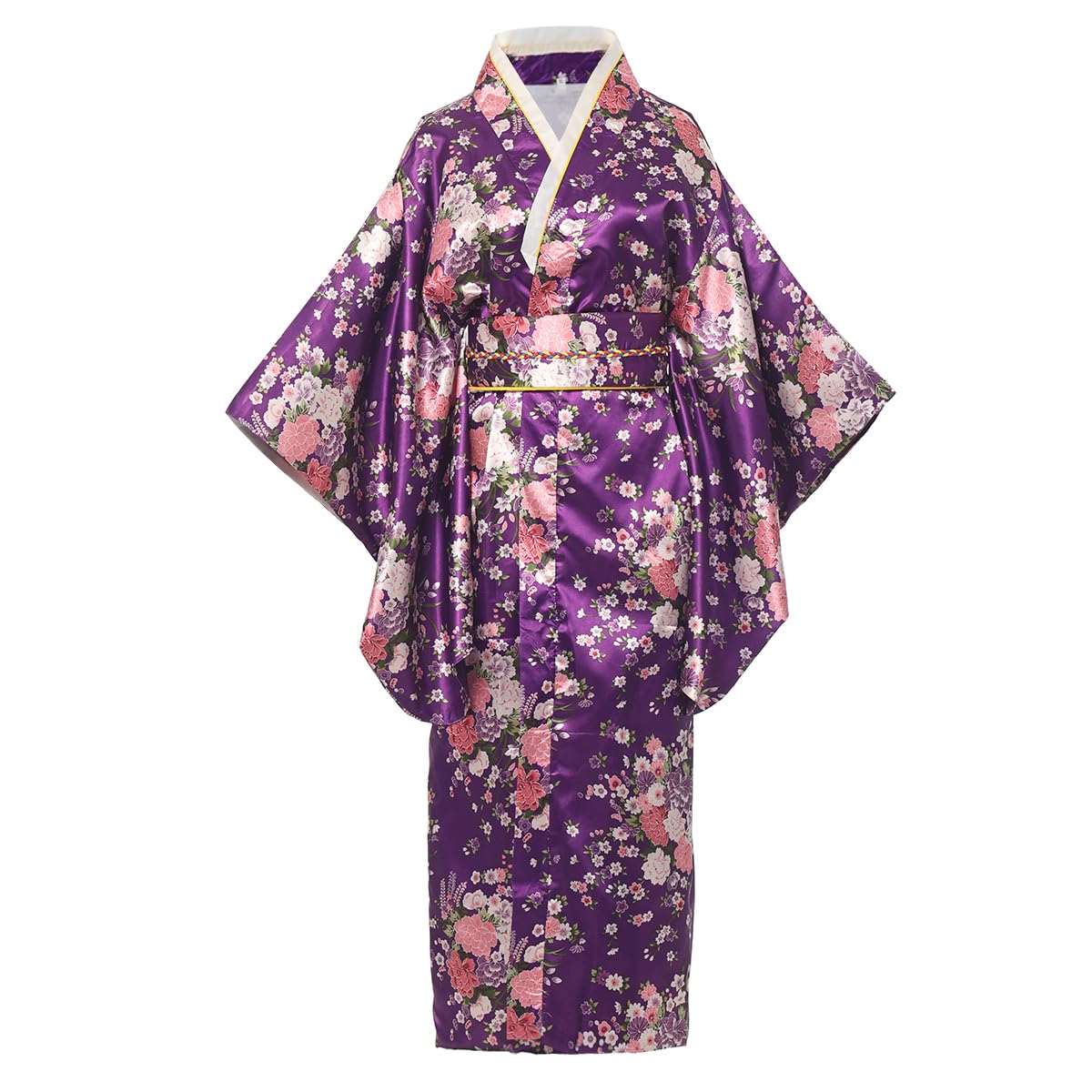 BPURB Kimono traditionnel japonais pour femme Geisha Yukata Robe de bain en satin Motif fleurs