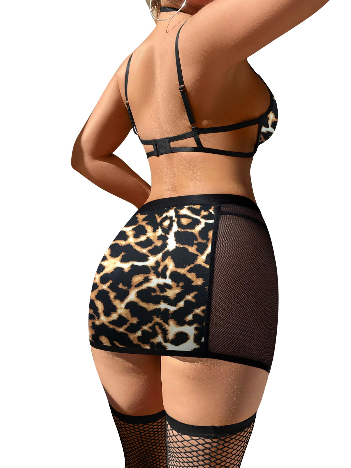Foxiny Sexy Cutout Halter Underwire Leather Mesh Sheer Mini Skirt Stocking Lingerie Set 4 Piece Outfits: Small Leopard