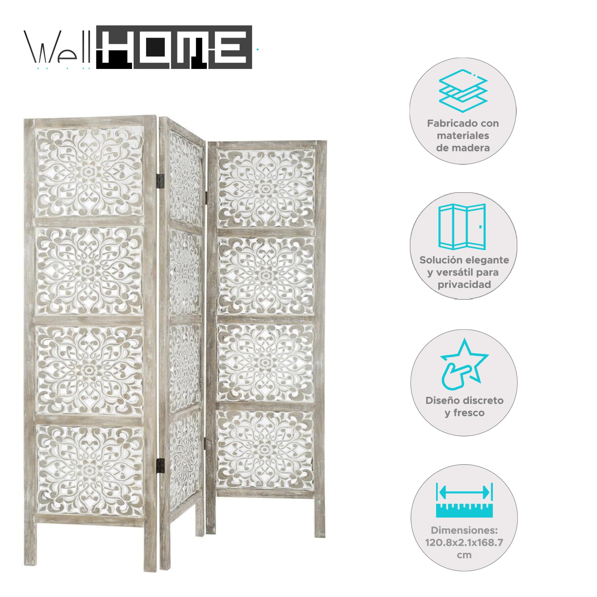 Well Home - Pantalla en Madera Etnik con Estampados en Color Blanco